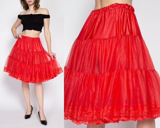 L-XL 70s Malco Modes Sheer Red Crinoline Petticoat Skirt | Vintage Square Dance Ruffled Costume Tutu