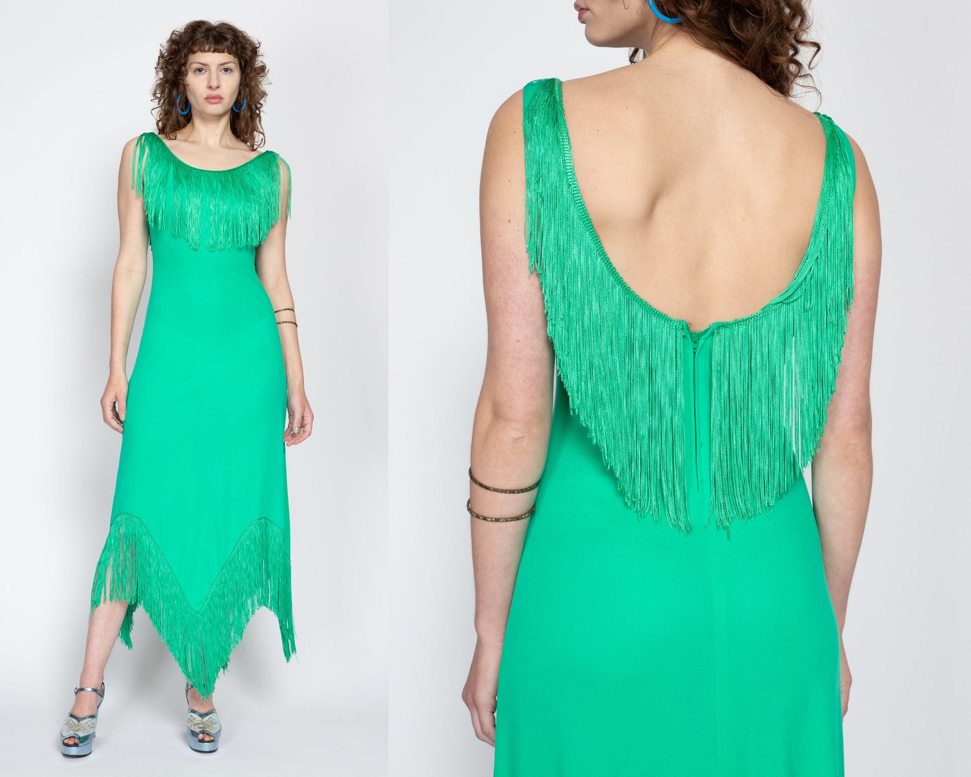 Small 70s Green Fringe Low Back Maxi Disco Dress | Vintage Jack Hartley Scarf Hem Sleeveless Party Evening Gown