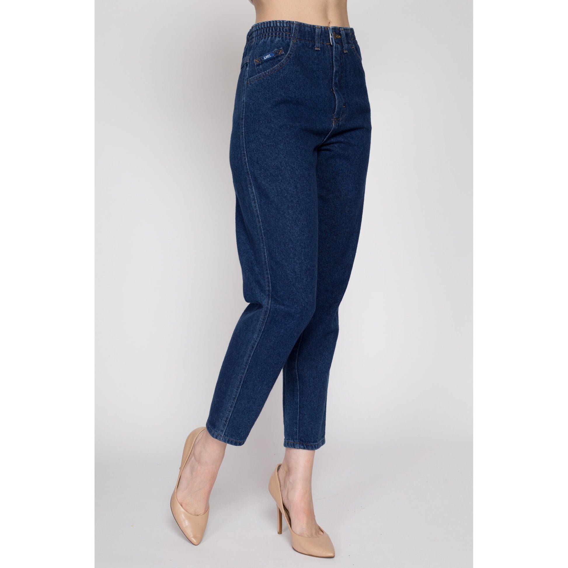 Small Vintage Lee Dark Wash Elastic Waist Mom Jeans | 80s 90s Denim High Waisted Tapered Leg Jeans