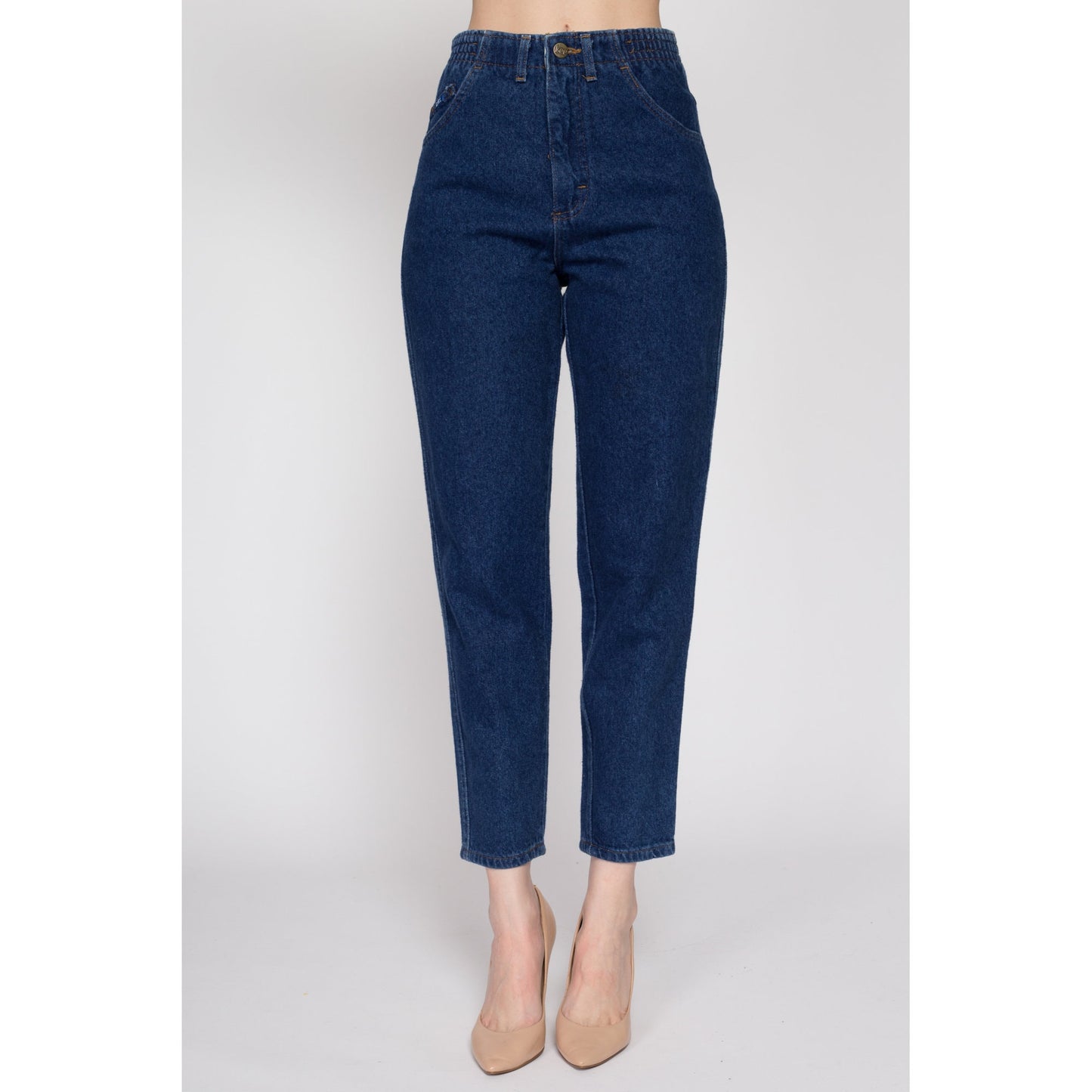 Small Vintage Lee Dark Wash Elastic Waist Mom Jeans | 80s 90s Denim High Waisted Tapered Leg Jeans