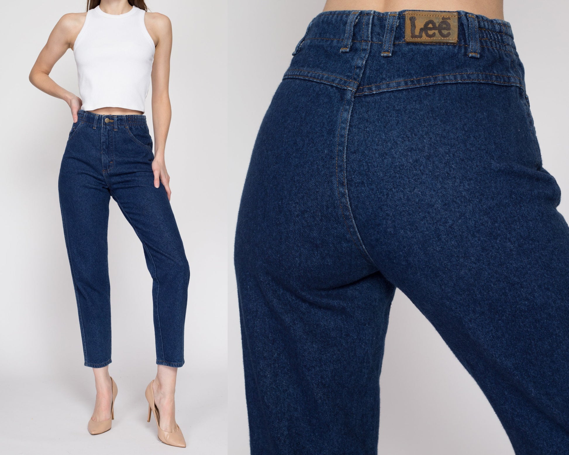Small Vintage Lee Dark Wash Elastic Waist Mom Jeans | 80s 90s Denim High Waisted Tapered Leg Jeans