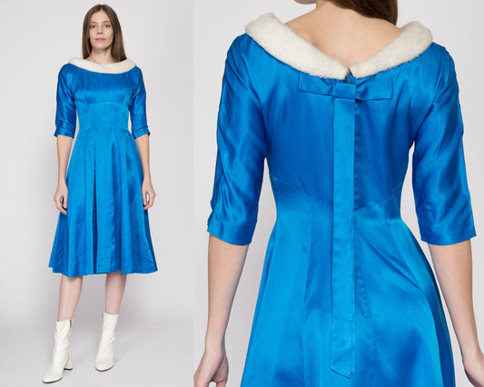 XS 50s 60s Blue Satin Faux Fur Trim Party Dress As Is | Vintage Fit & Flare 3/4 Sleeve Holiday Midi Dress