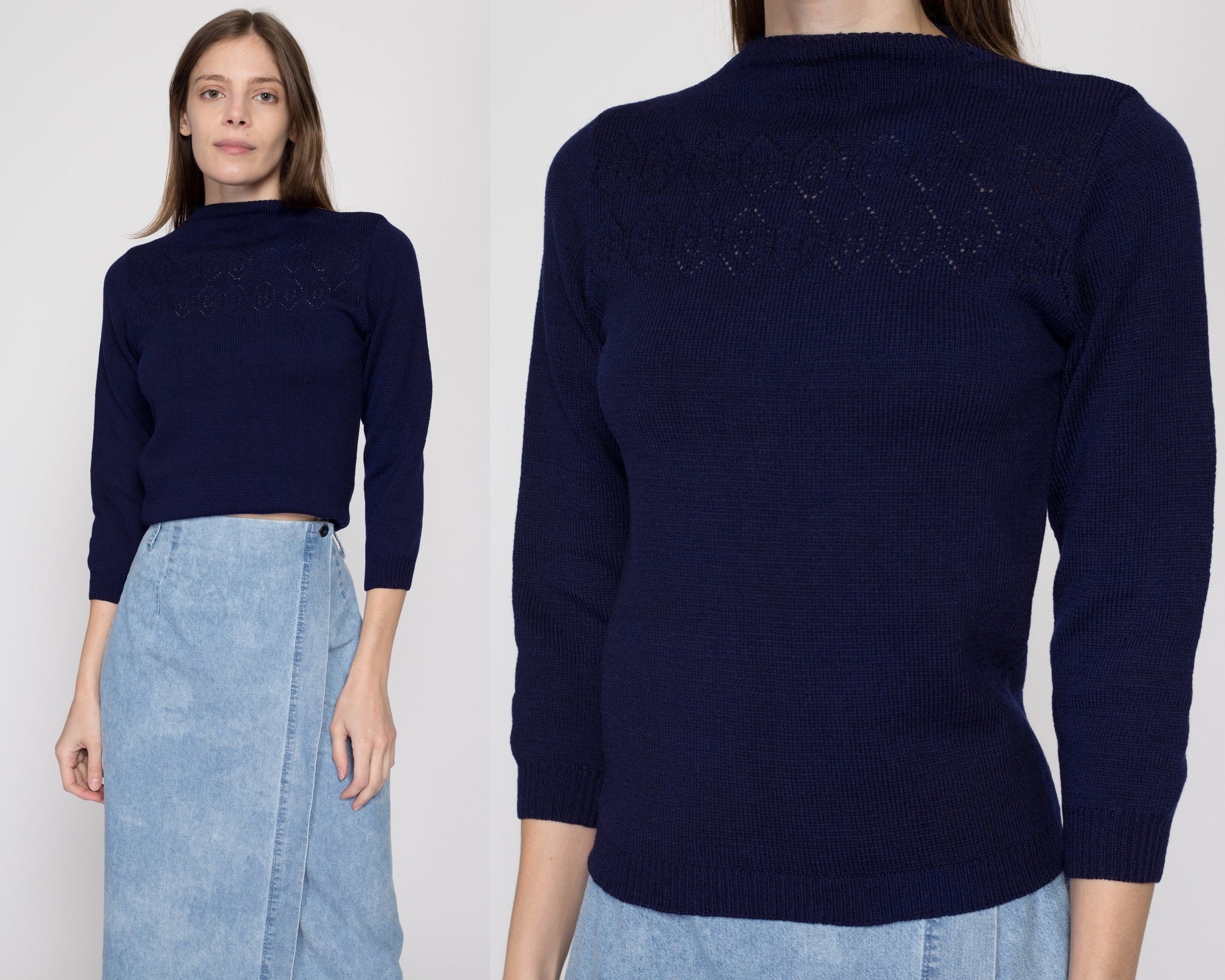 XS 60s Navy Blue Eyelet Sweater Petite | Vintage Cropped 3/4 Sleeve Knit Pullover
