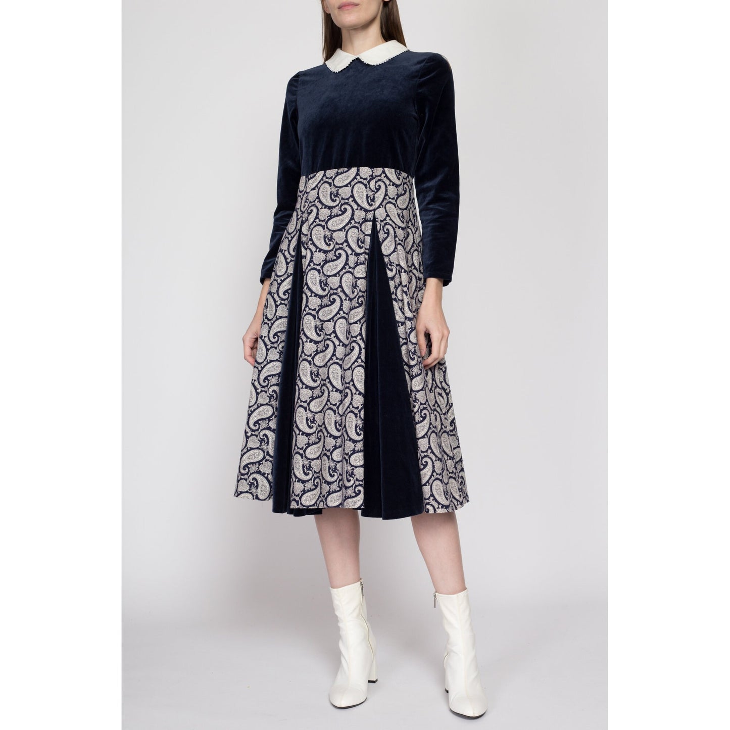 Petite Small 80s Blue Velvet Paisley Fit & Flare Dress | Retro Vintage Long Sleeve Peter Pan Collar Midi Dress