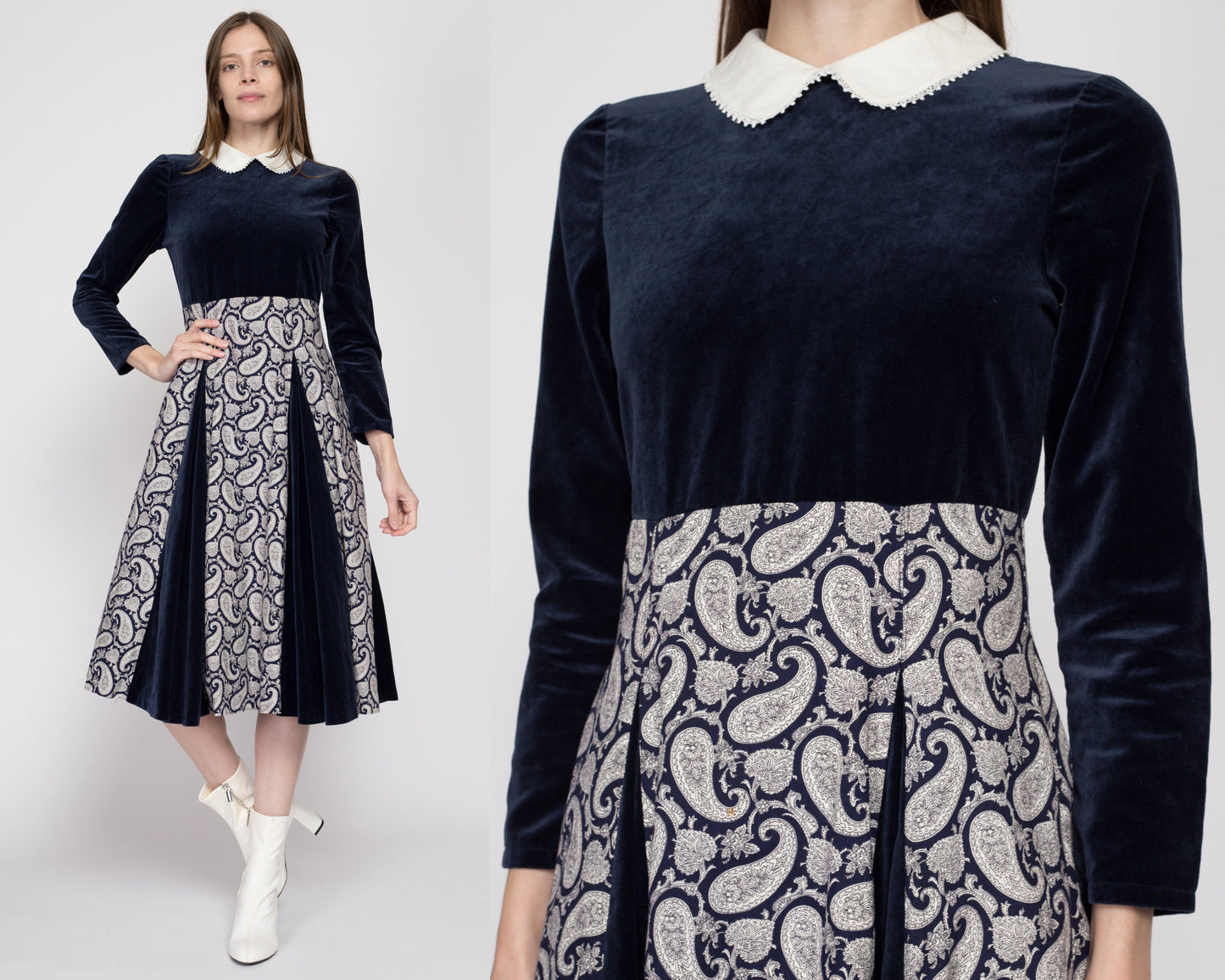 Petite Small 80s Blue Velvet Paisley Fit & Flare Dress | Retro Vintage Long Sleeve Peter Pan Collar Midi Dress