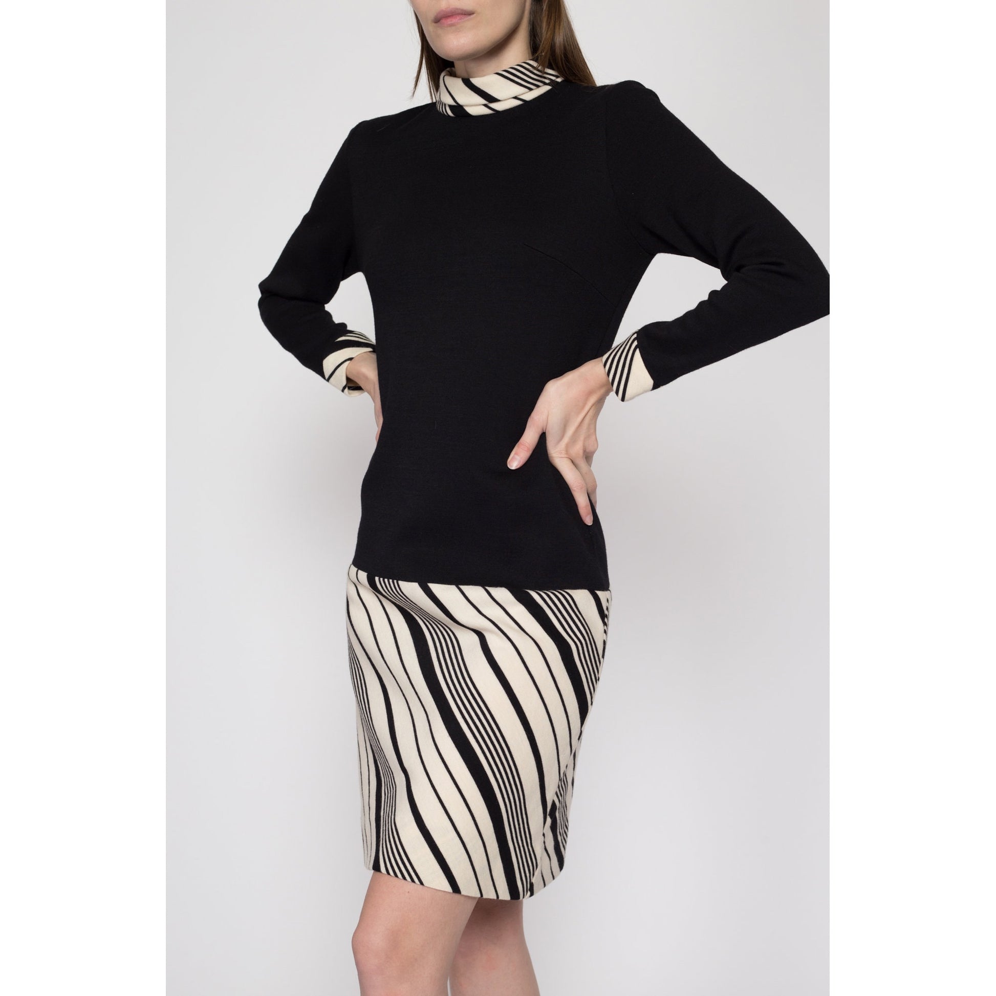 Small 60s Mod Black & White Striped Mini Dress | Vintage Long Sleeve Drop Waist Retro Wool Dress