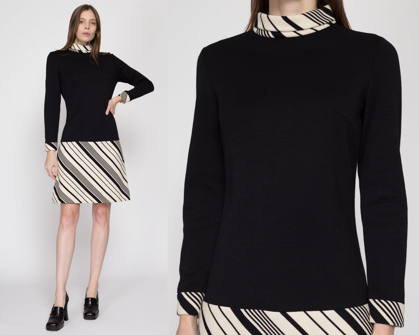 Small 60s Mod Black & White Striped Mini Dress | Vintage Long Sleeve Drop Waist Retro Wool Dress