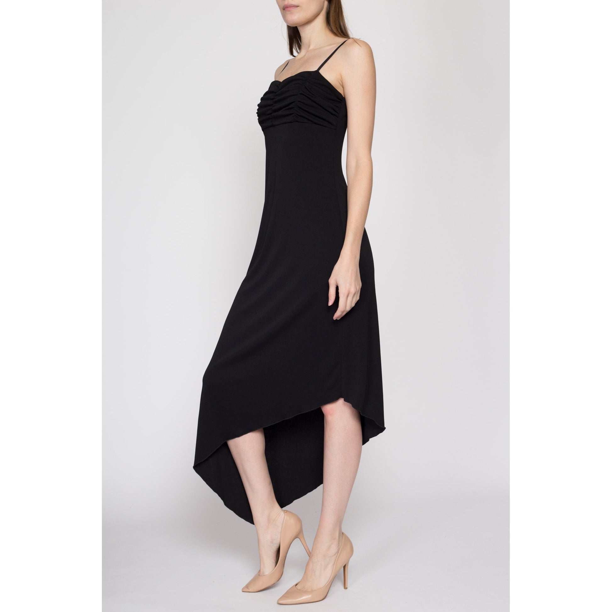 Medium 90s Black Asymmetrical Midi Party Dress | Vintage Spaghetti Strap Ruched Bodice High Low Hem Dress