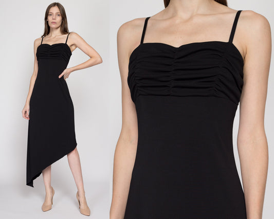 Medium 90s Black Asymmetrical Midi Party Dress | Vintage Spaghetti Strap Ruched Bodice High Low Hem Dress