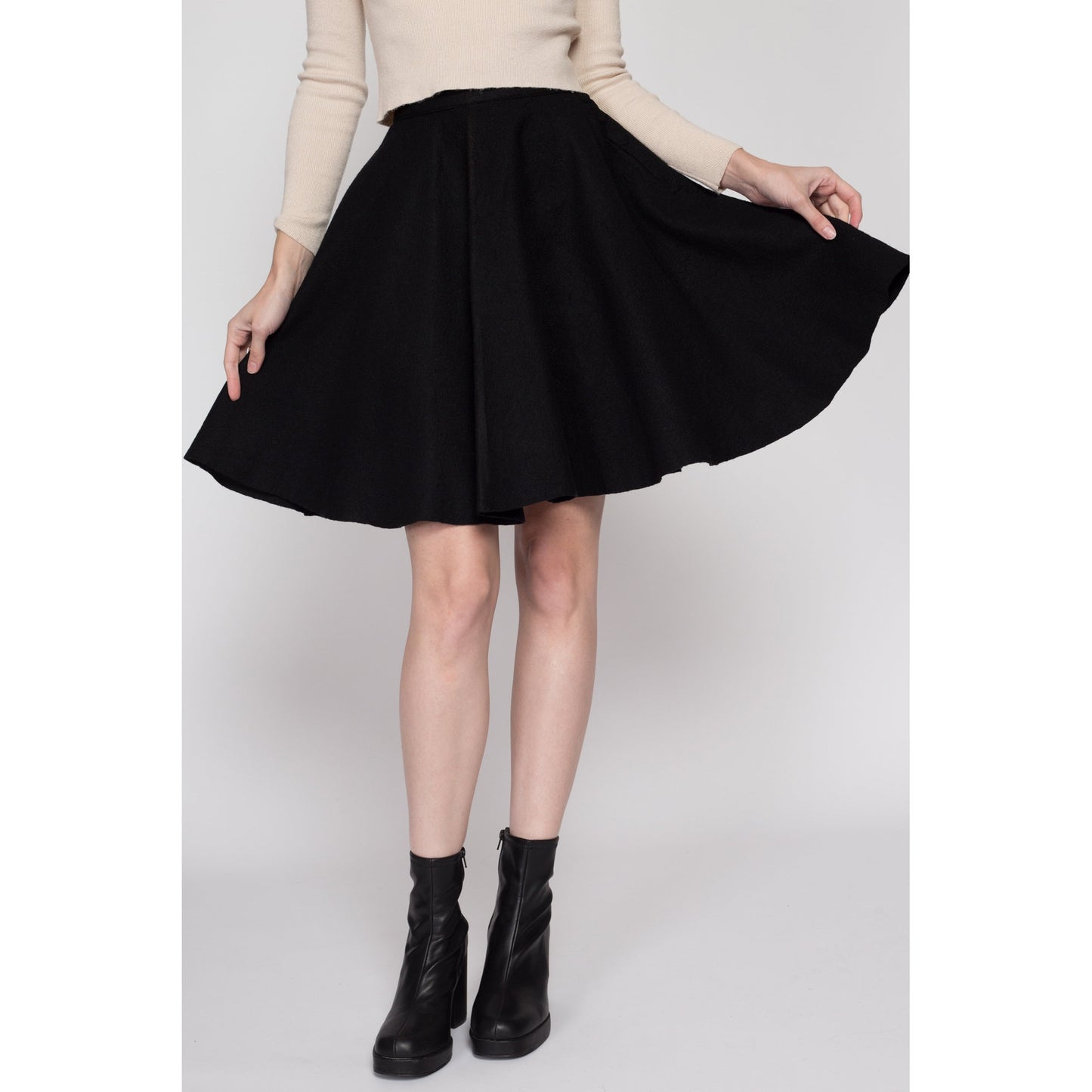 XS 60s Black Felt Mini Circle Skirt | Vintage 1960s High Waisted Retro Gothic Miniskirt