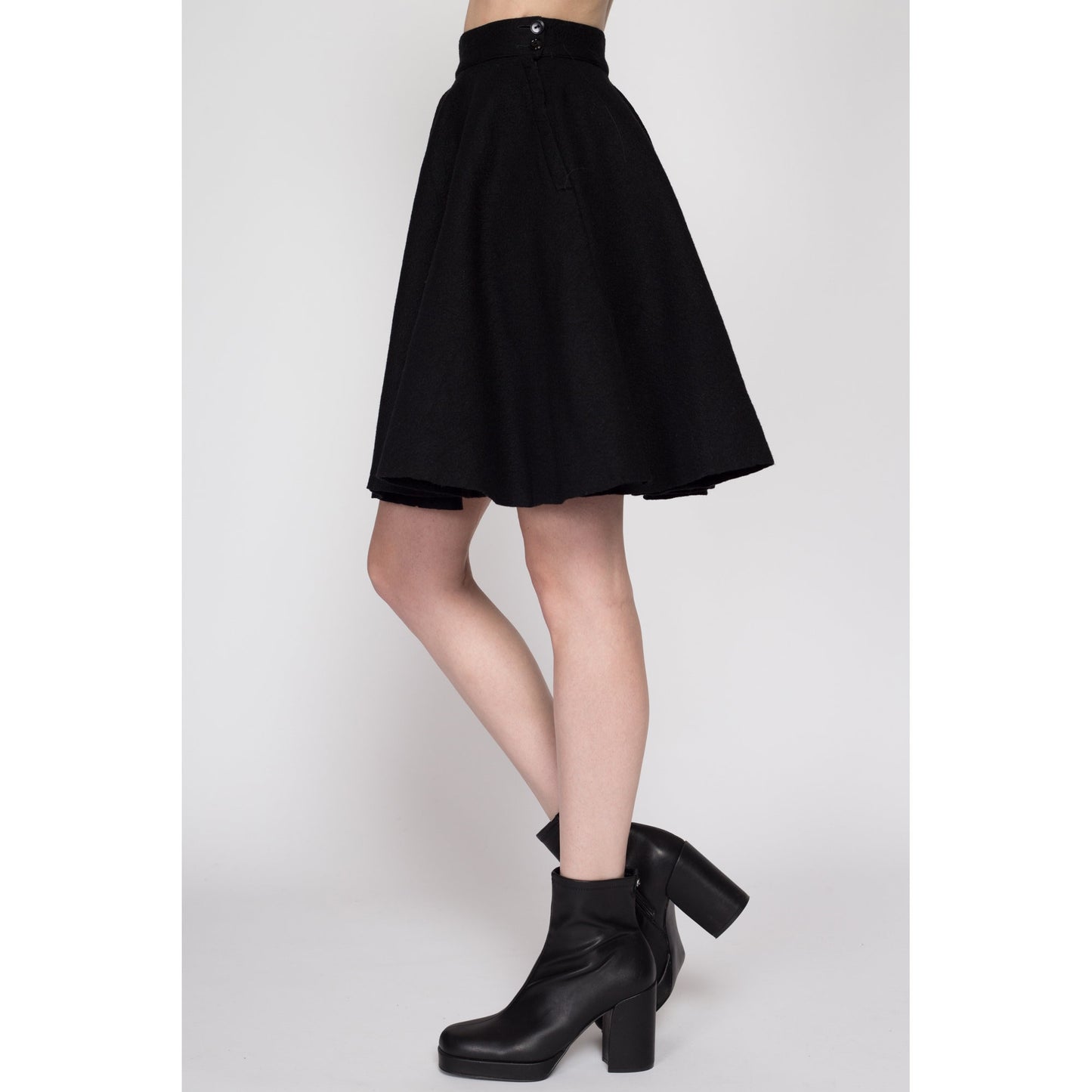 XS 60s Black Felt Mini Circle Skirt | Vintage 1960s High Waisted Retro Gothic Miniskirt