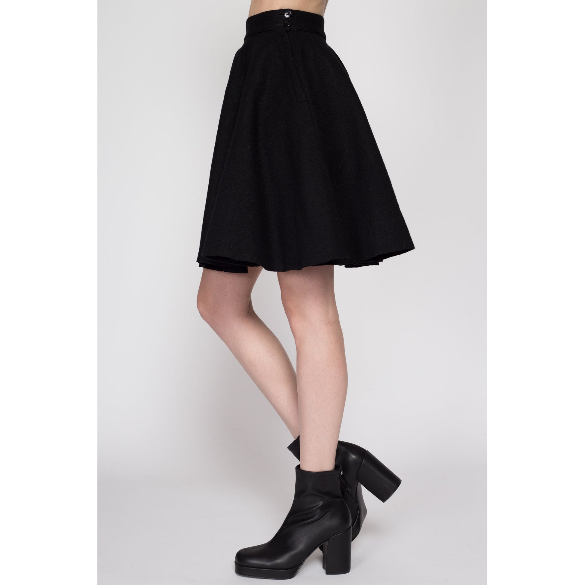 XS 60s Black Felt Mini Circle Skirt | Vintage 1960s High Waisted Retro Gothic Miniskirt