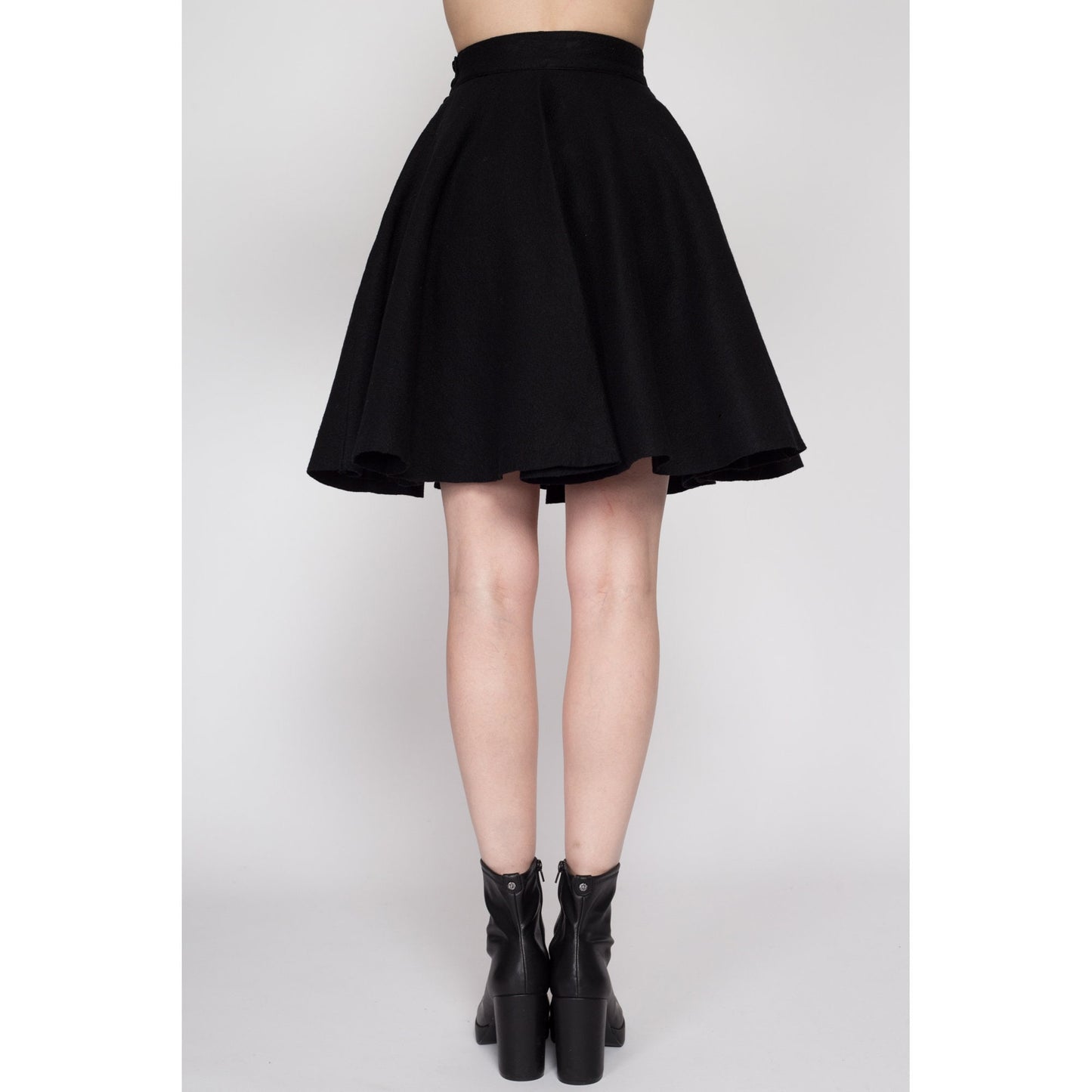 XS 60s Black Felt Mini Circle Skirt | Vintage 1960s High Waisted Retro Gothic Miniskirt
