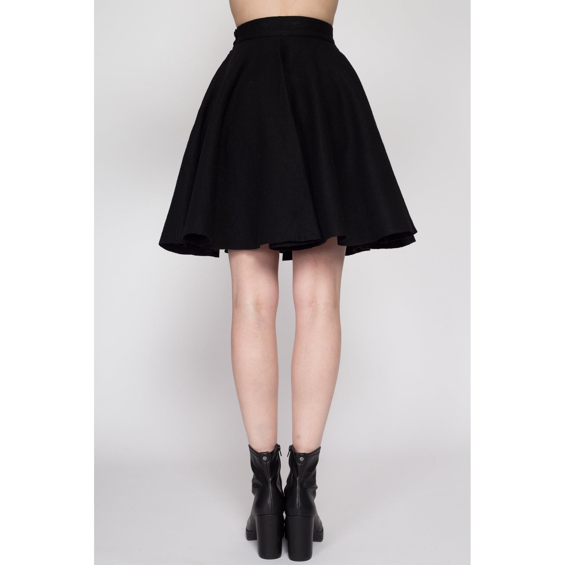 XS 60s Black Felt Mini Circle Skirt | Vintage 1960s High Waisted Retro Gothic Miniskirt