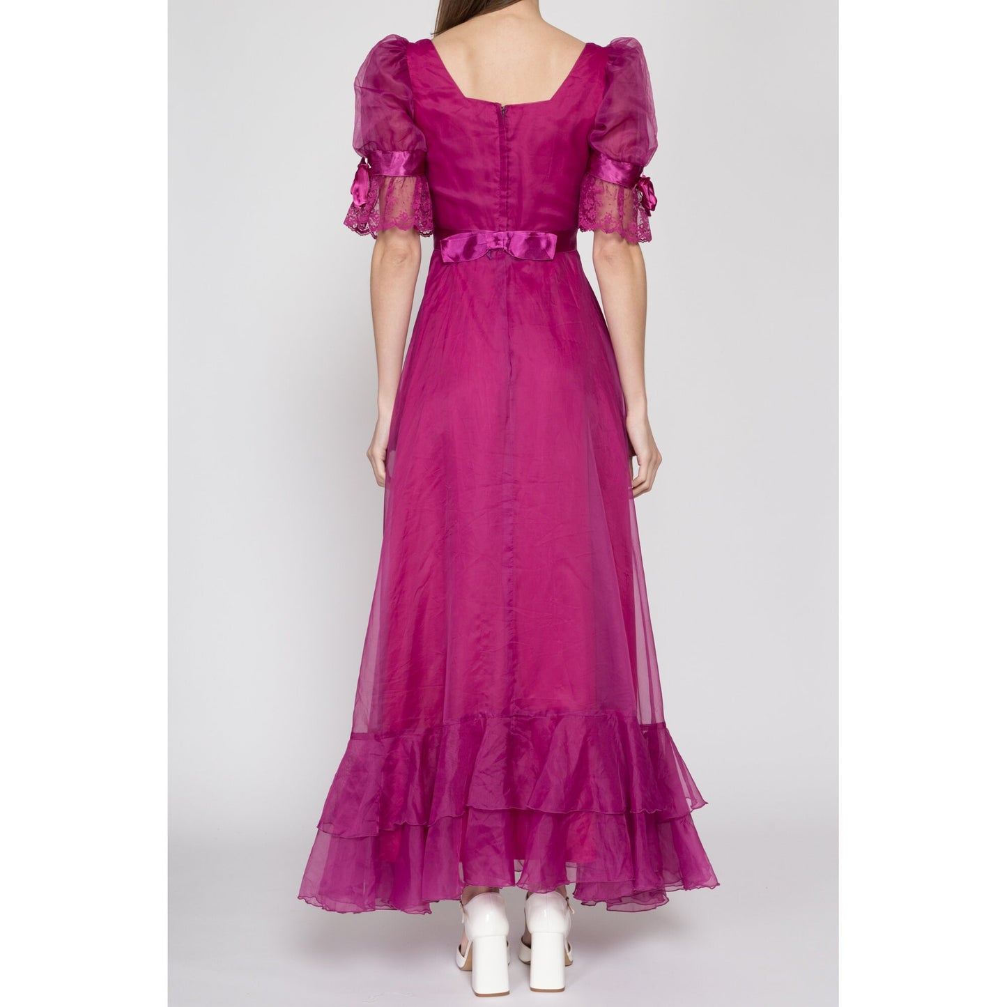 XS 70s Magenta Chiffon Puff Sleeve Gown | Vintage Ribbon Trim Formal Maxi Prom Dress