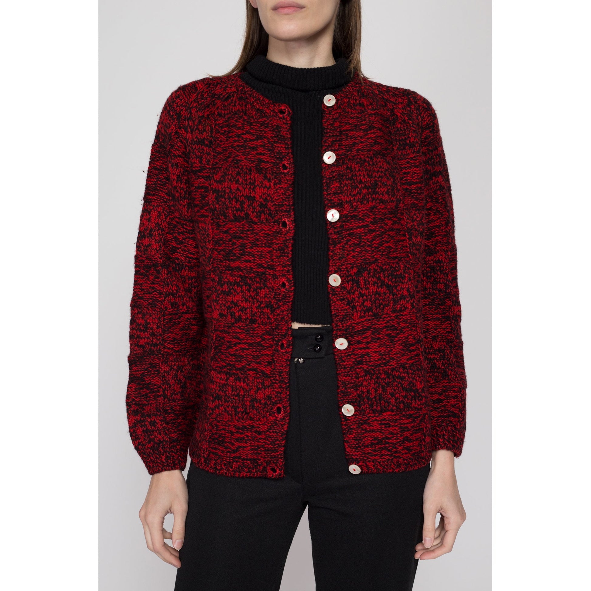 Medium 60s Saks Fifth Avenue Red & Black Marled Wool Cardigan | Vintage Made In Italy Knit Button Up Sweater
