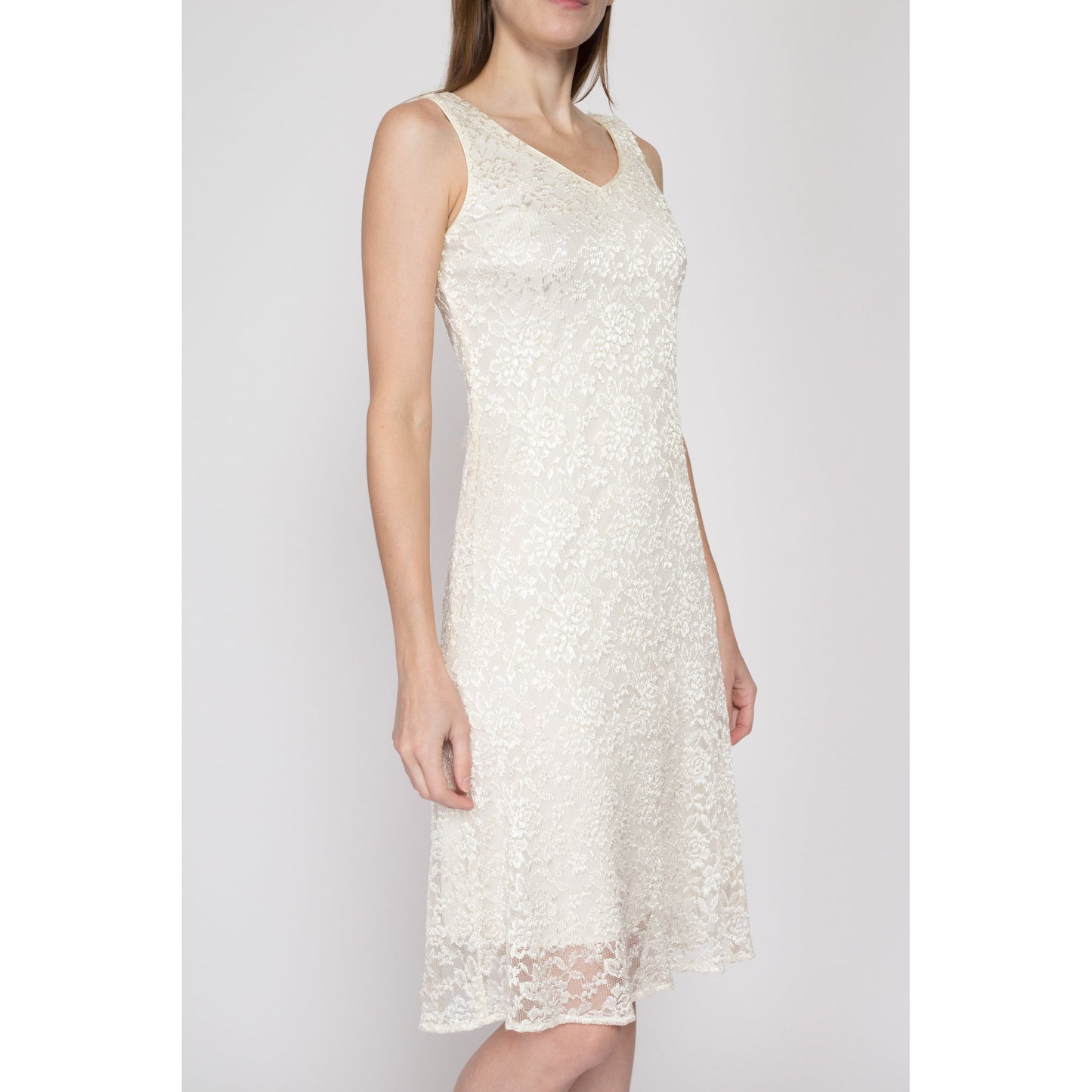 Small Y2K White Lace Party Dress | Vintage Charlotte Russe Sleeveless V Neck A Line Knee Length Dress