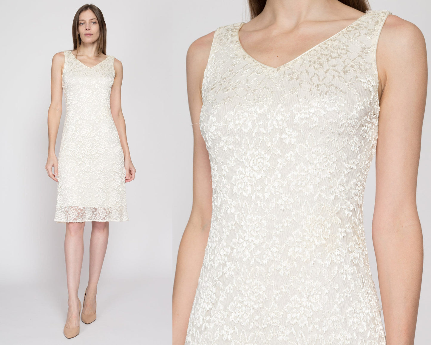 Small Y2K White Lace Party Dress | Vintage Charlotte Russe Sleeveless V Neck A Line Knee Length Dress