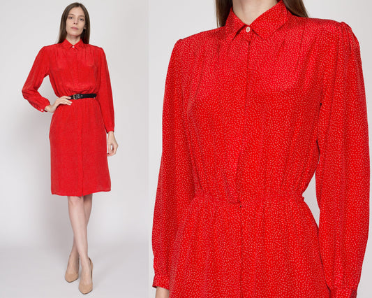 Small 70s Saks Fifth Ave Red Silk Secretary Dress | Vintage Long Sleeve Fitted Waist Knee Length Midi Shirtdress