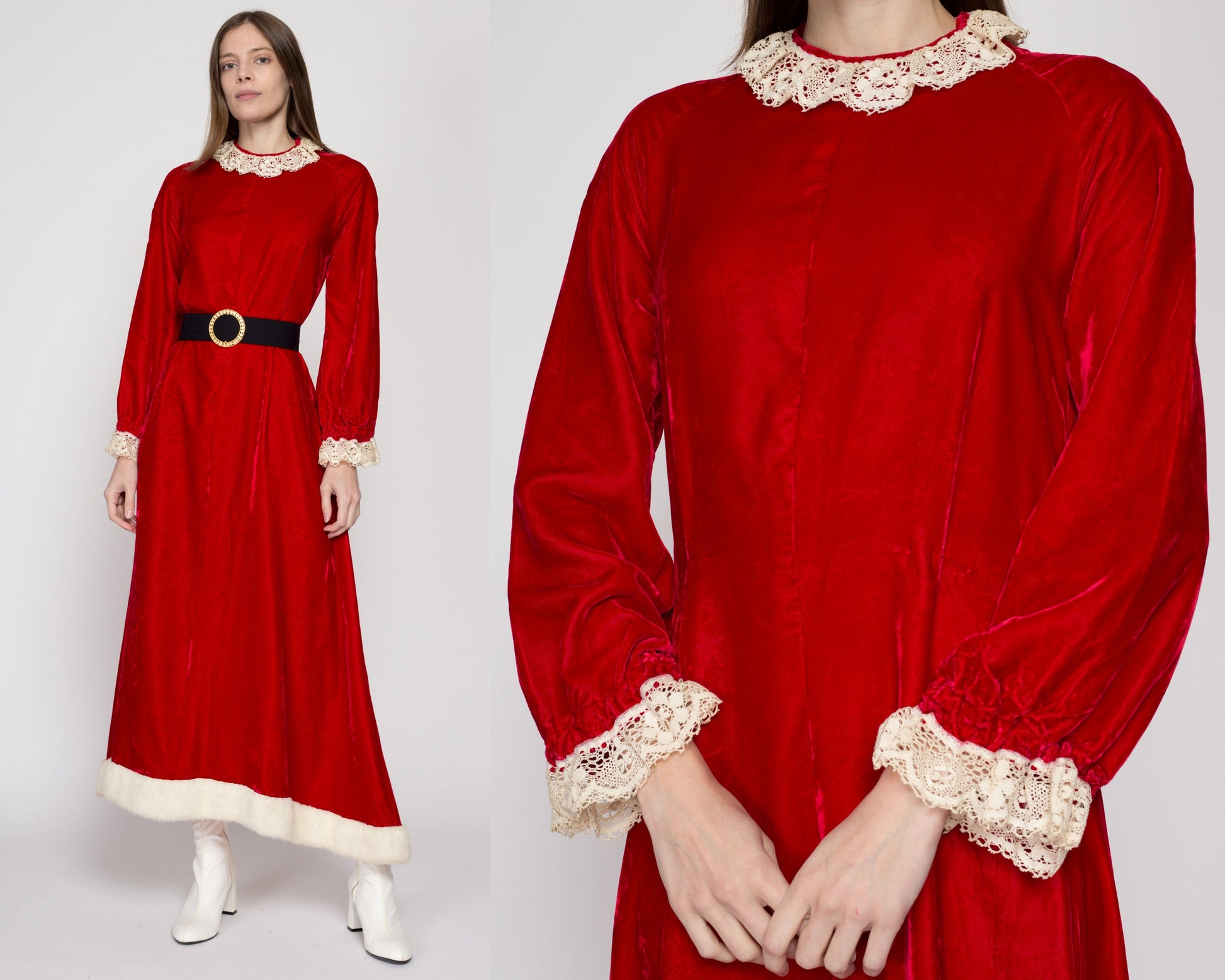Large 70s Mrs. Claus Christmas Party Dress | Vintage Santa Costume Red Velvet White Faux Fur Trim Maxi Holiday Hostess Dress