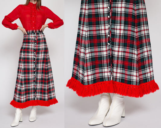 XS 70s Red Plaid Holiday Maxi Skirt 24.5" | Vintage High Waisted Fringe Trim A Line Christmas Hostess Skirt