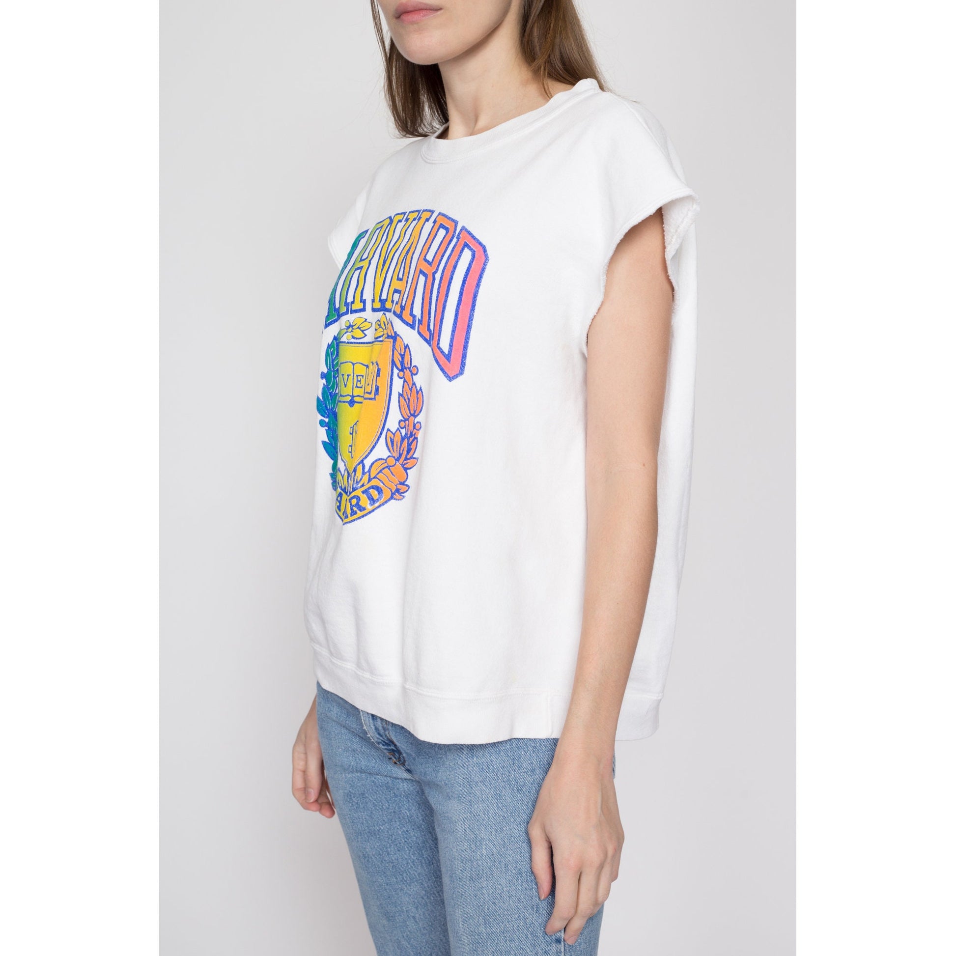 Large 90s Harvard University Rainbow Sweatshirt Top | Vintage Short Sleeve Collegiate Crew Neck Pullover