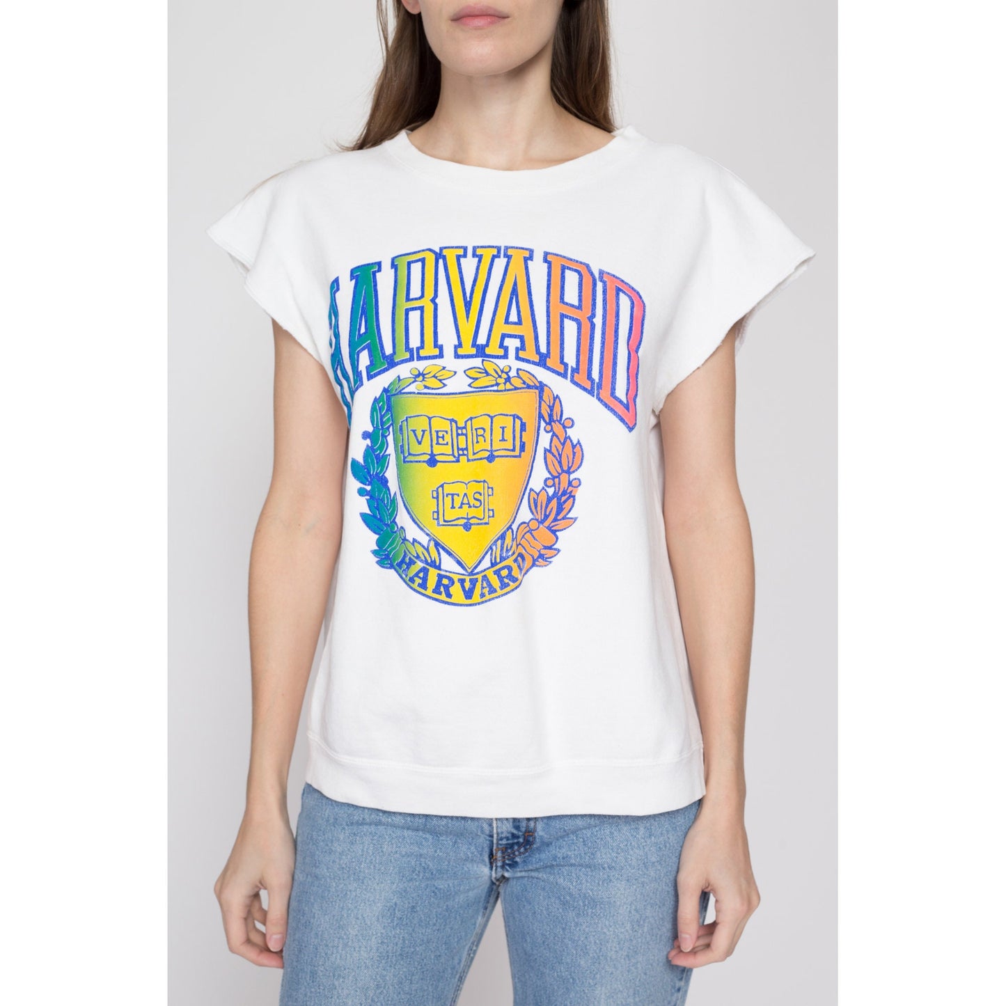Large 90s Harvard University Rainbow Sweatshirt Top | Vintage Short Sleeve Collegiate Crew Neck Pullover