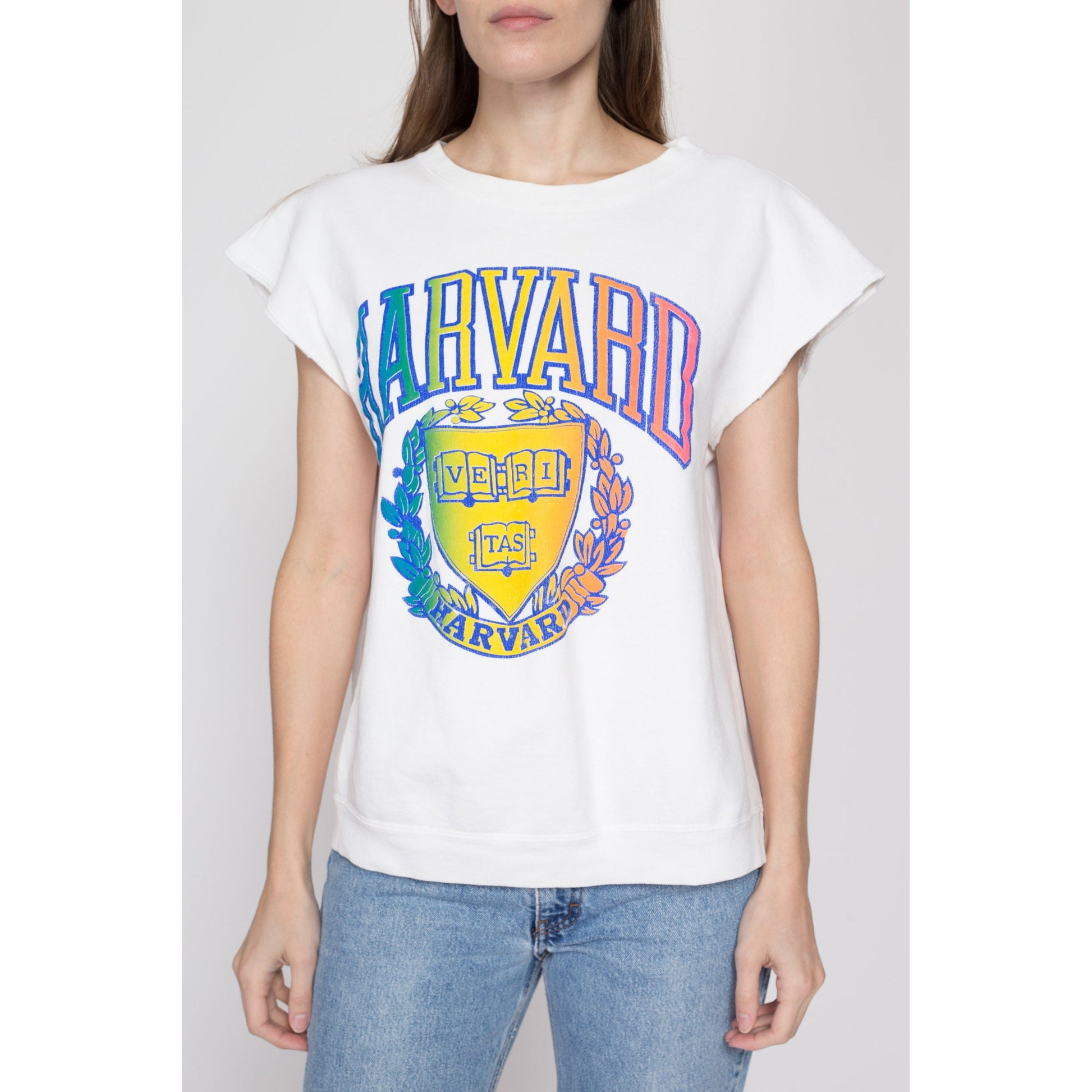 Large 90s Harvard University Rainbow Sweatshirt Top | Vintage Short Sleeve Collegiate Crew Neck Pullover