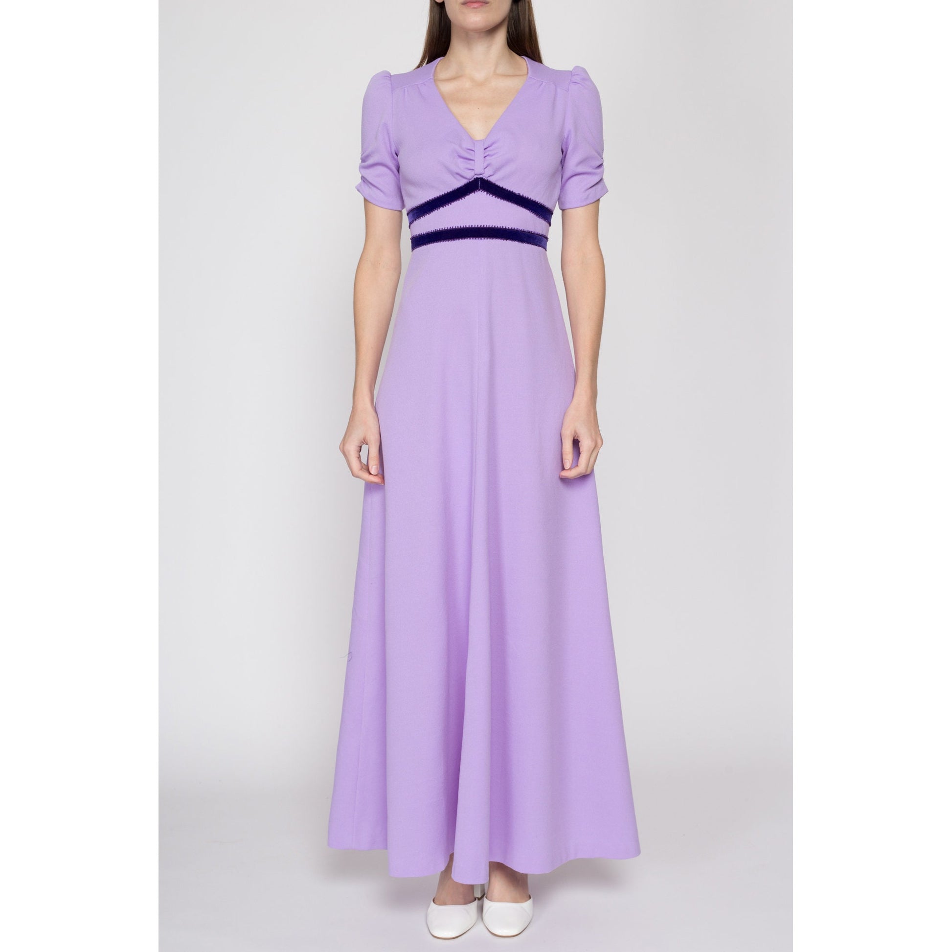 XS 60s Lilac Purple Puff Sleeve Maxi Dress | Vintage Boho Girly Empire Waist Prairie Prom Gown