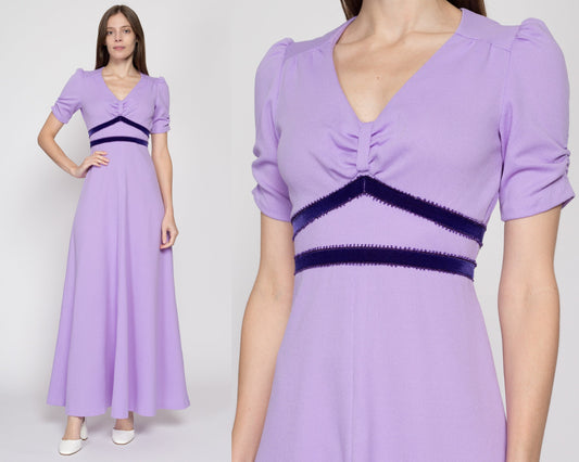 XS 60s Lilac Purple Puff Sleeve Maxi Dress | Vintage Boho Girly Empire Waist Prairie Prom Gown