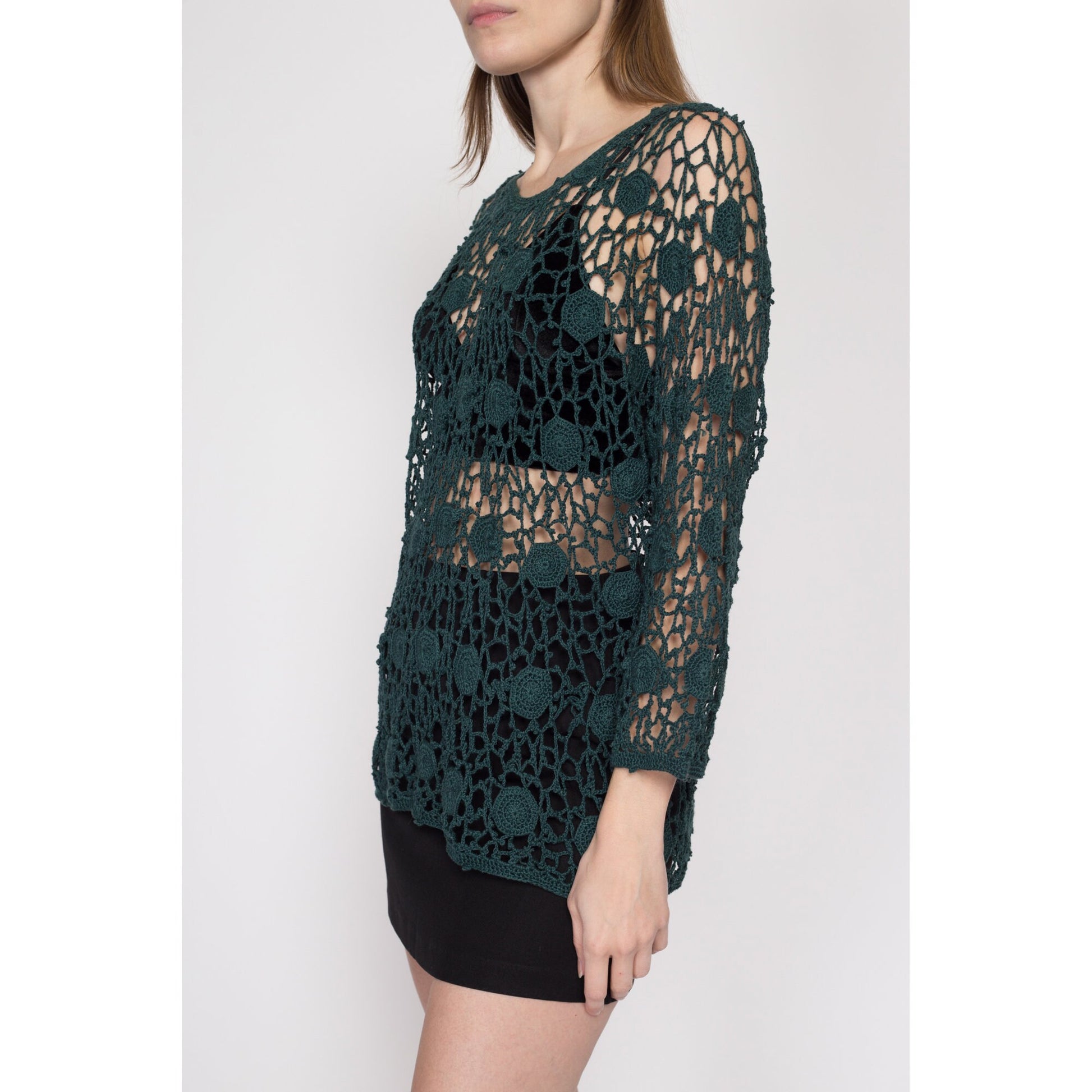 Medium 70s 80s Kroshetta Green Crochet Top | Vintage Boho Spider Web Knit Sheer 3/4 Sleeve Blouse