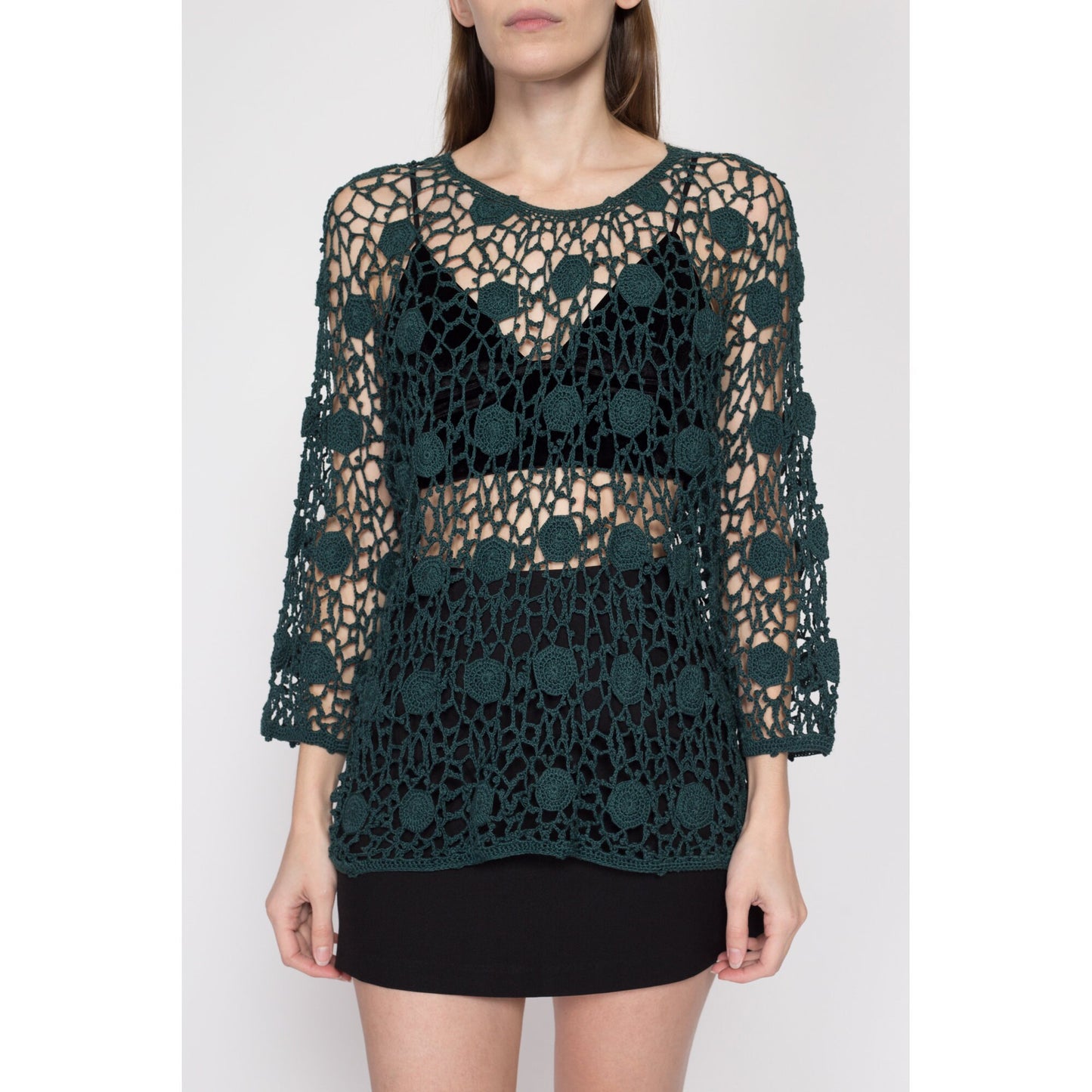 Medium 70s 80s Kroshetta Green Crochet Top | Vintage Boho Spider Web Knit Sheer 3/4 Sleeve Blouse