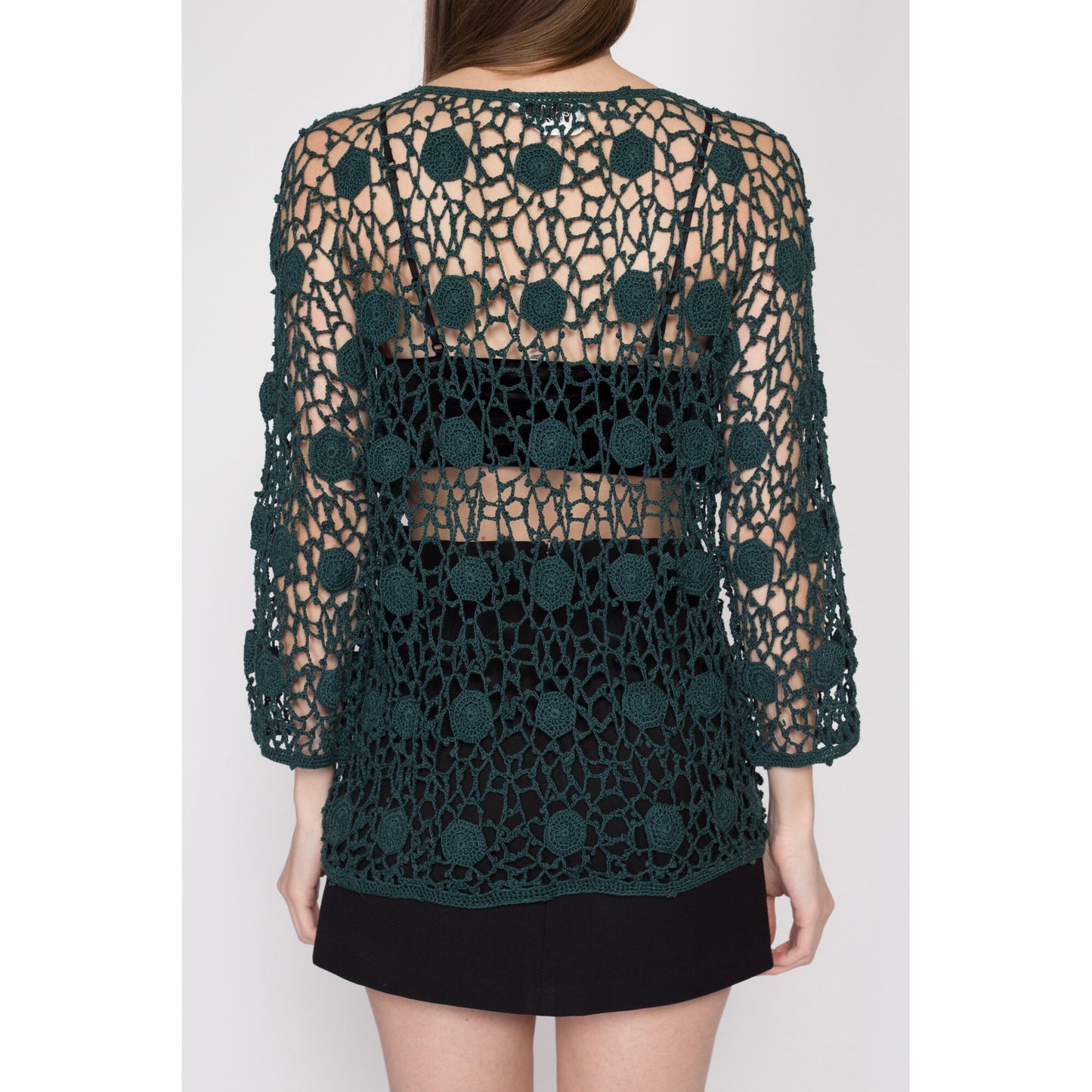 Medium 70s 80s Kroshetta Green Crochet Top | Vintage Boho Spider Web Knit Sheer 3/4 Sleeve Blouse