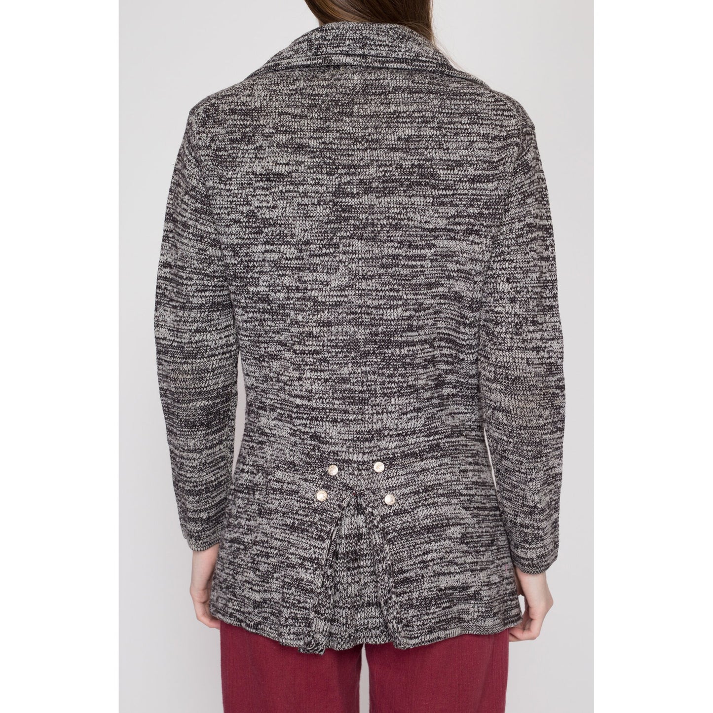 Medium 70s Marled Grey Knit Cardigan | Vintage Notched Collar Retro Button Up Sweater