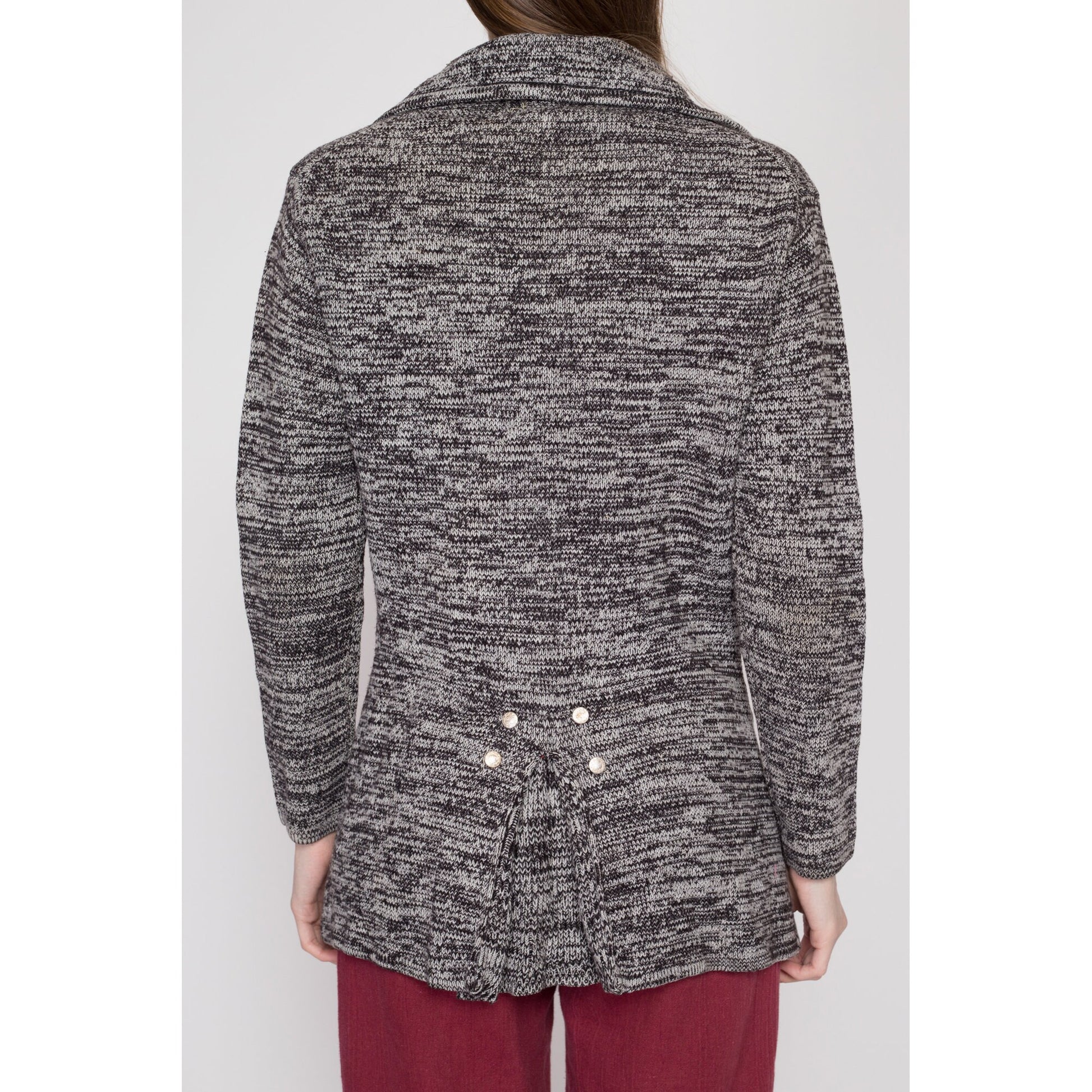Medium 70s Marled Grey Knit Cardigan | Vintage Notched Collar Retro Button Up Sweater