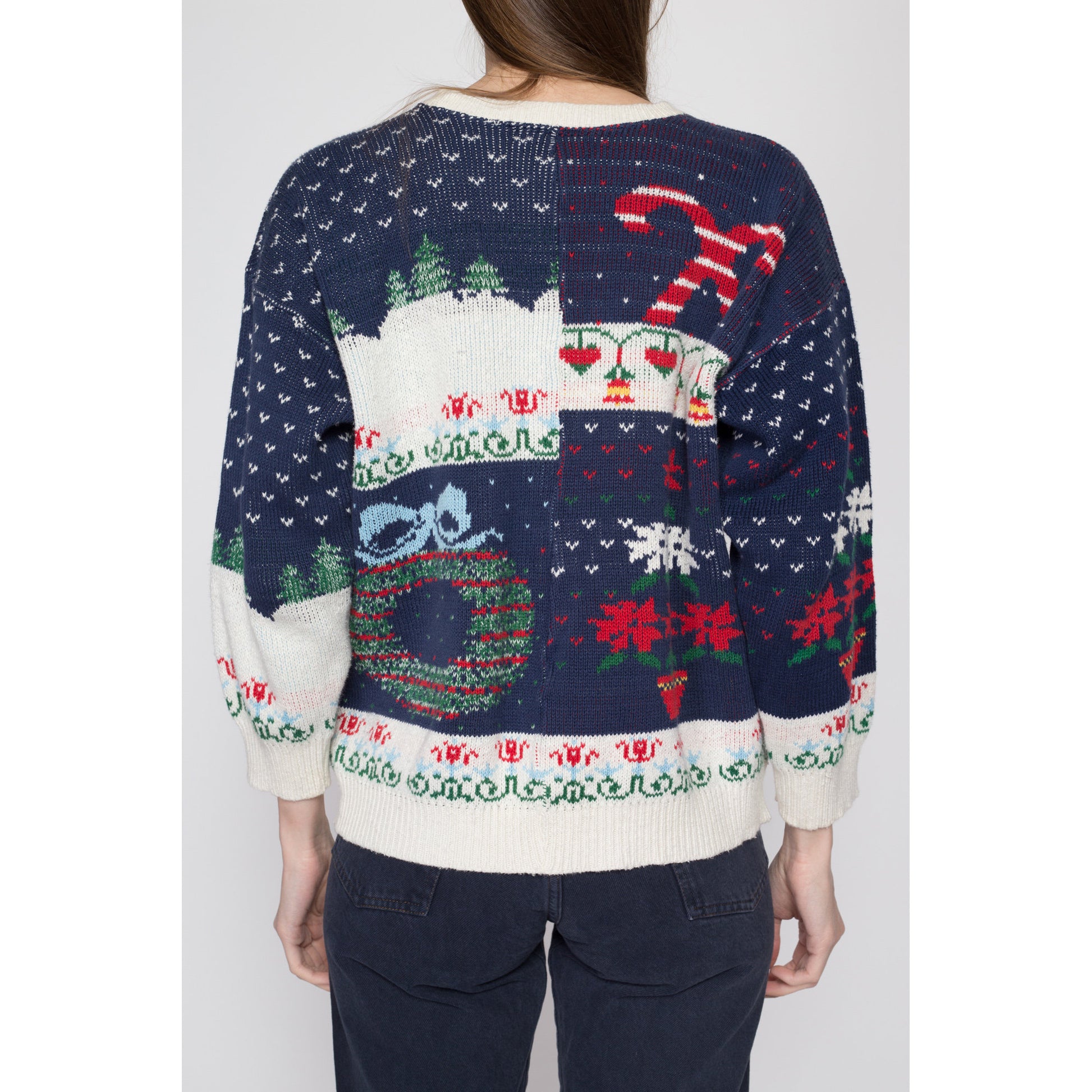 Large 90s Christmas Novelty Knit Sweater | Vintage 3/4 Sleeve Blue Applique Winter Pullover Jumper
