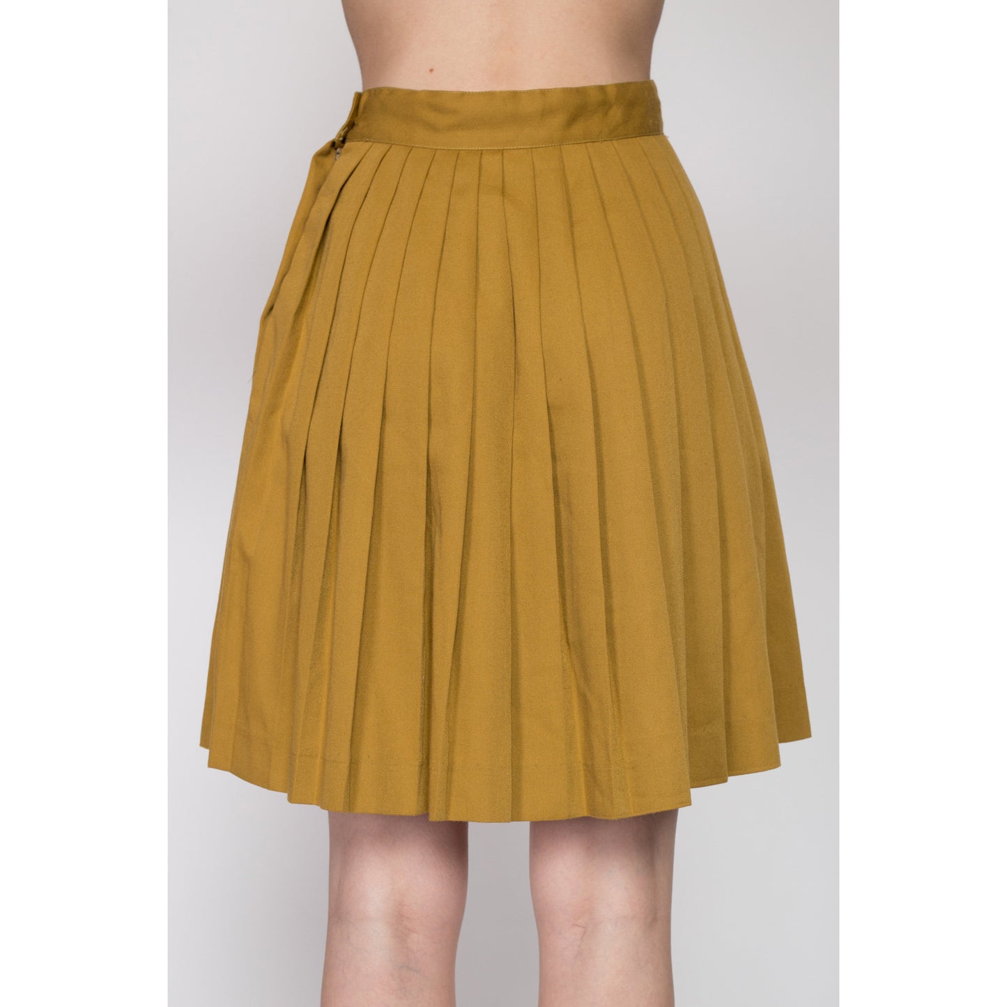 Small 80s Mustard Yellow Pleated Mini Skirt 25.5" | Vintage High Waisted Rayon Schoolgirl Skirt