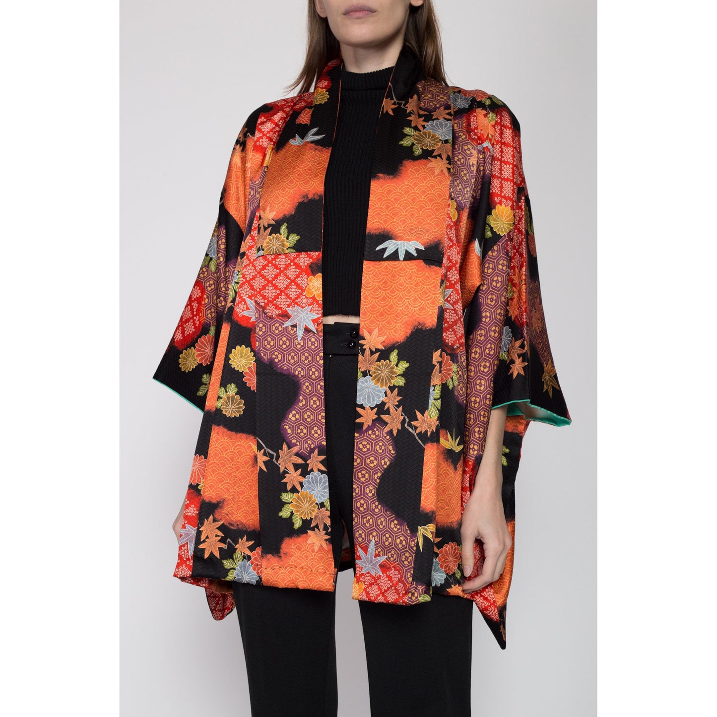 One Size Vintage Japanese Silk Leaf Print Haori Kimono | Boho Colorful Asian Jacket Mini Robe