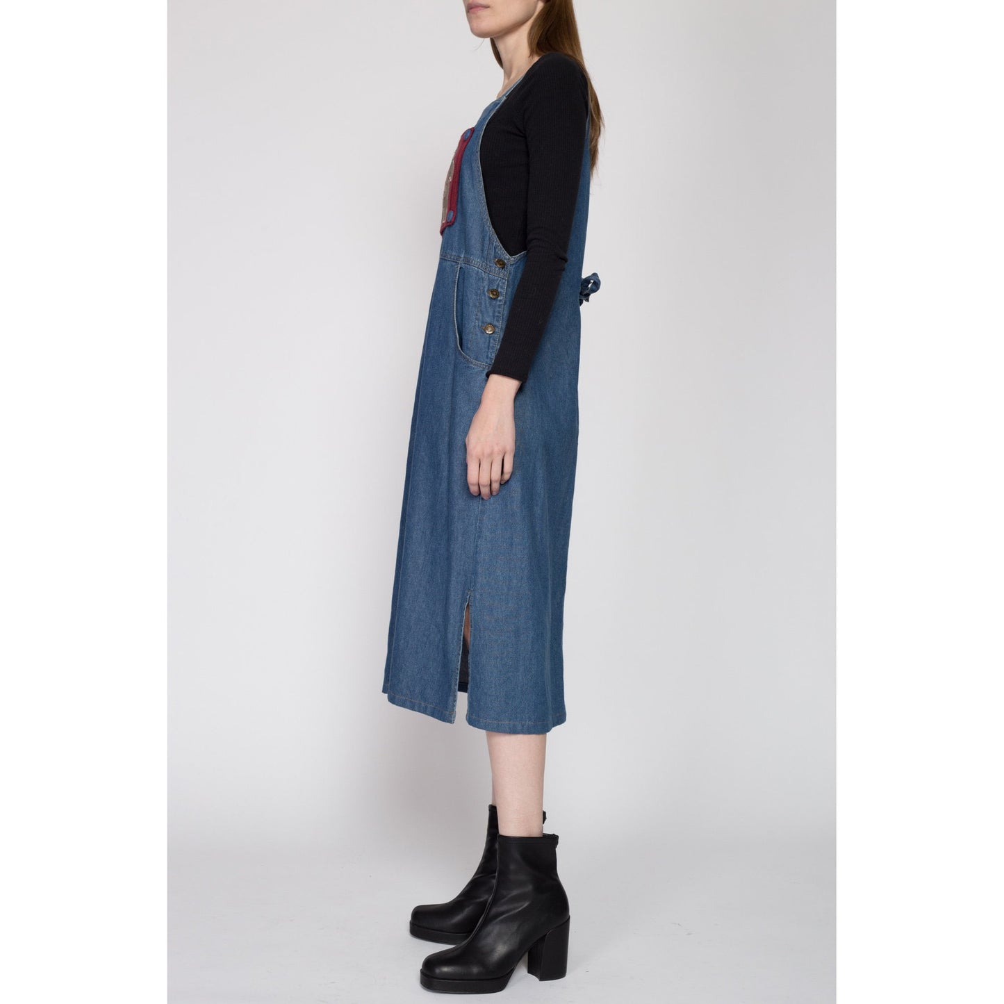 Small 90s Denim Holiday Pinafore Dress | Vintage Gingerbread Man Reversible Novelty Sleeveless Jean Midi Overall Dress