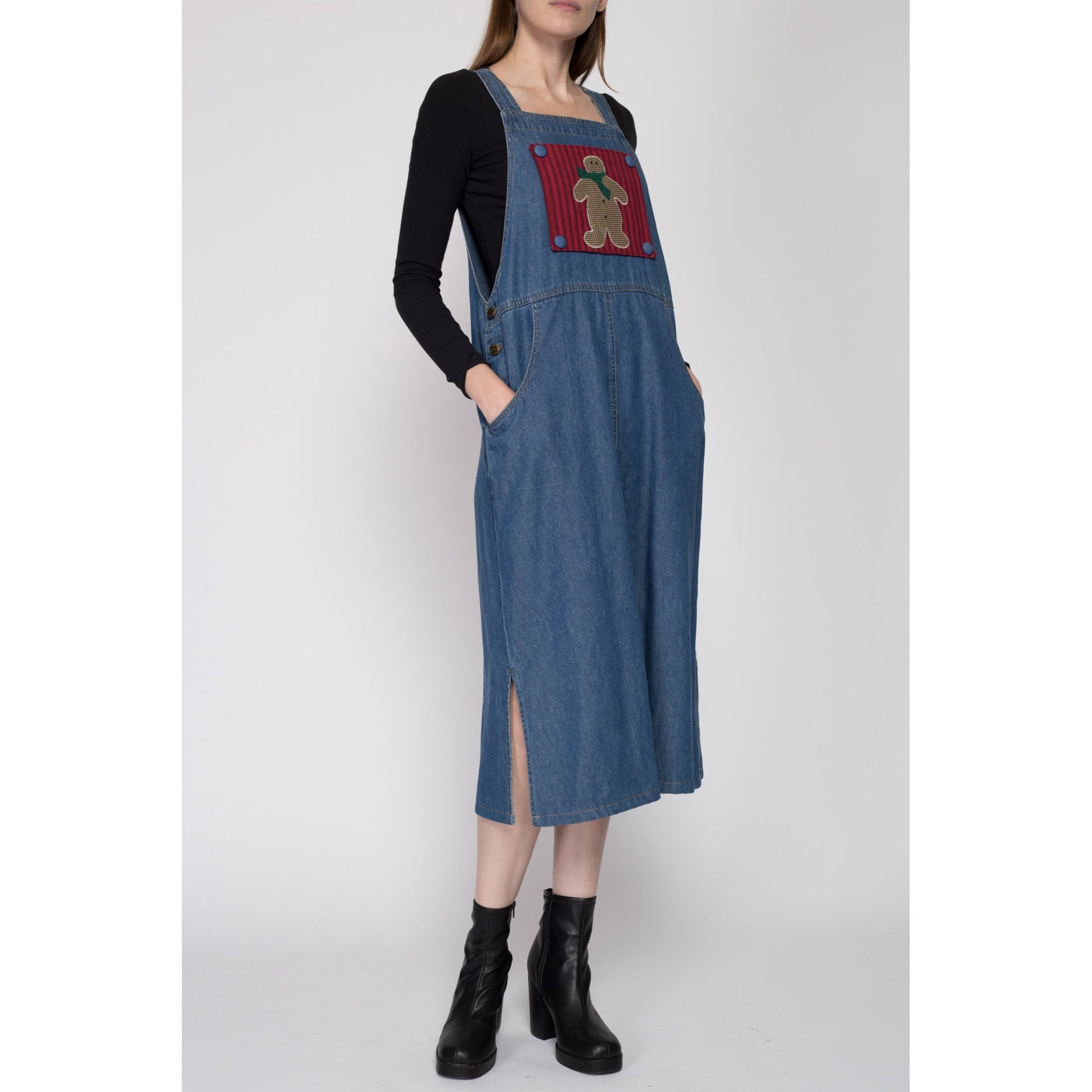 Small 90s Denim Holiday Pinafore Dress | Vintage Gingerbread Man Reversible Novelty Sleeveless Jean Midi Overall Dress