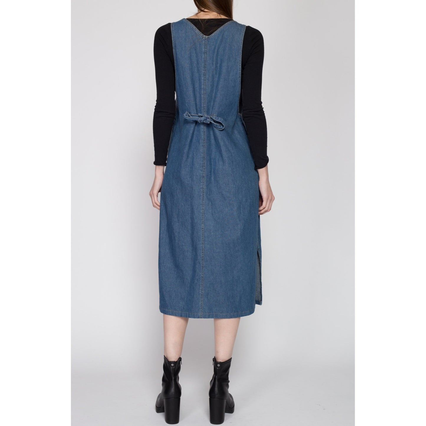 Small 90s Denim Holiday Pinafore Dress | Vintage Gingerbread Man Reversible Novelty Sleeveless Jean Midi Overall Dress