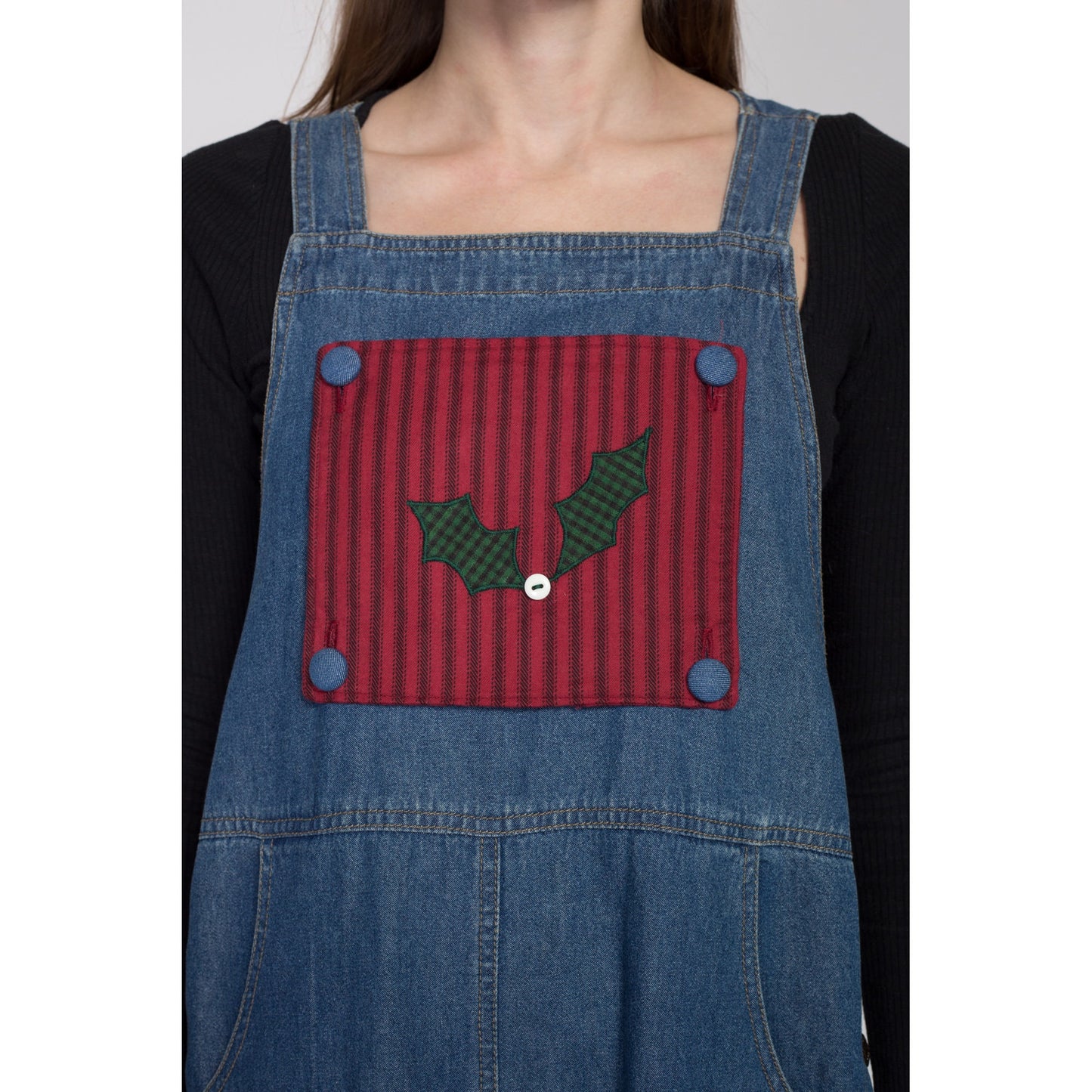 Small 90s Denim Holiday Pinafore Dress | Vintage Gingerbread Man Reversible Novelty Sleeveless Jean Midi Overall Dress