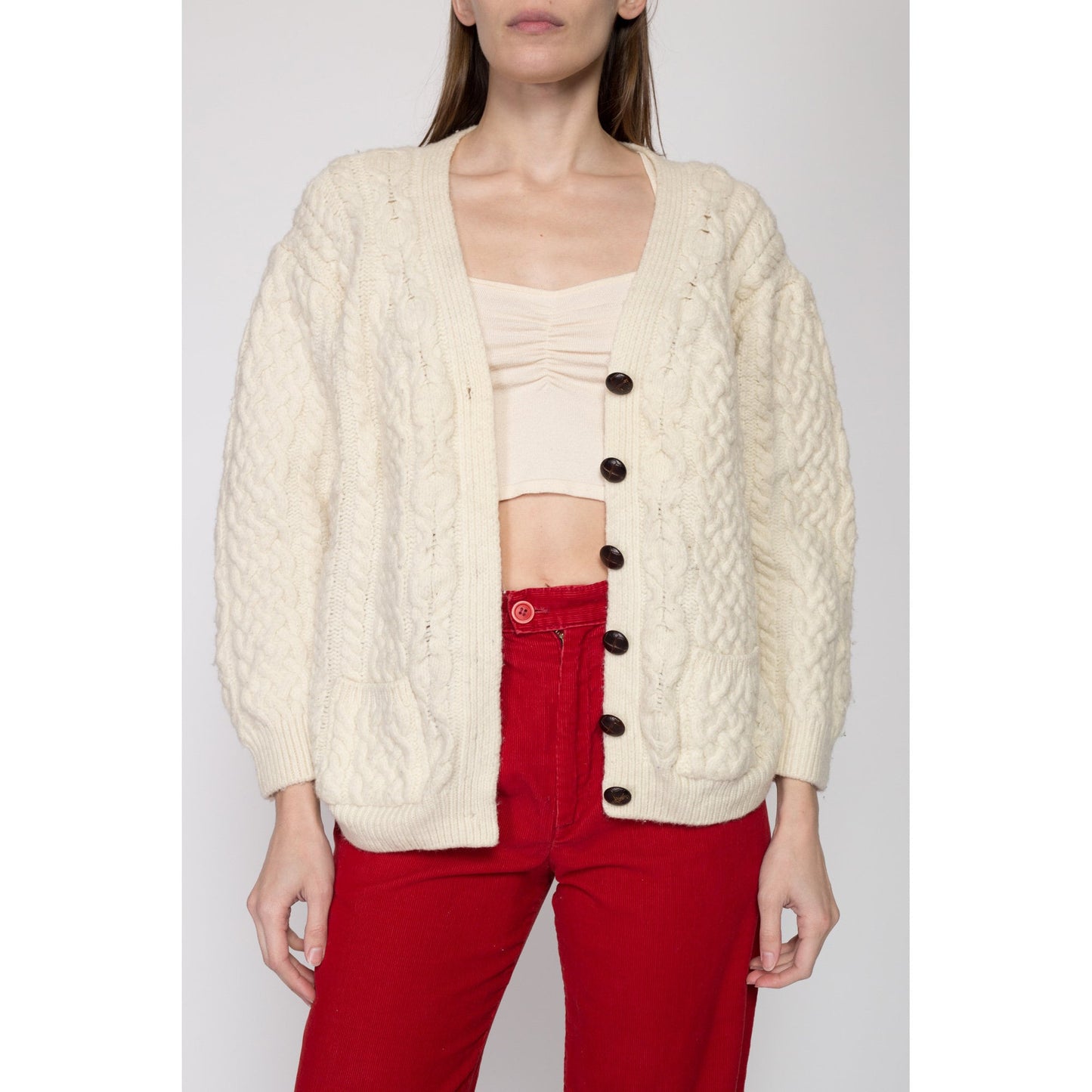 Medium Vintage Aran Crafts Irish Merino Wool Cable Knit Cardigan Petite | 80s Cream Button Up Cropped Fisherman Sweater