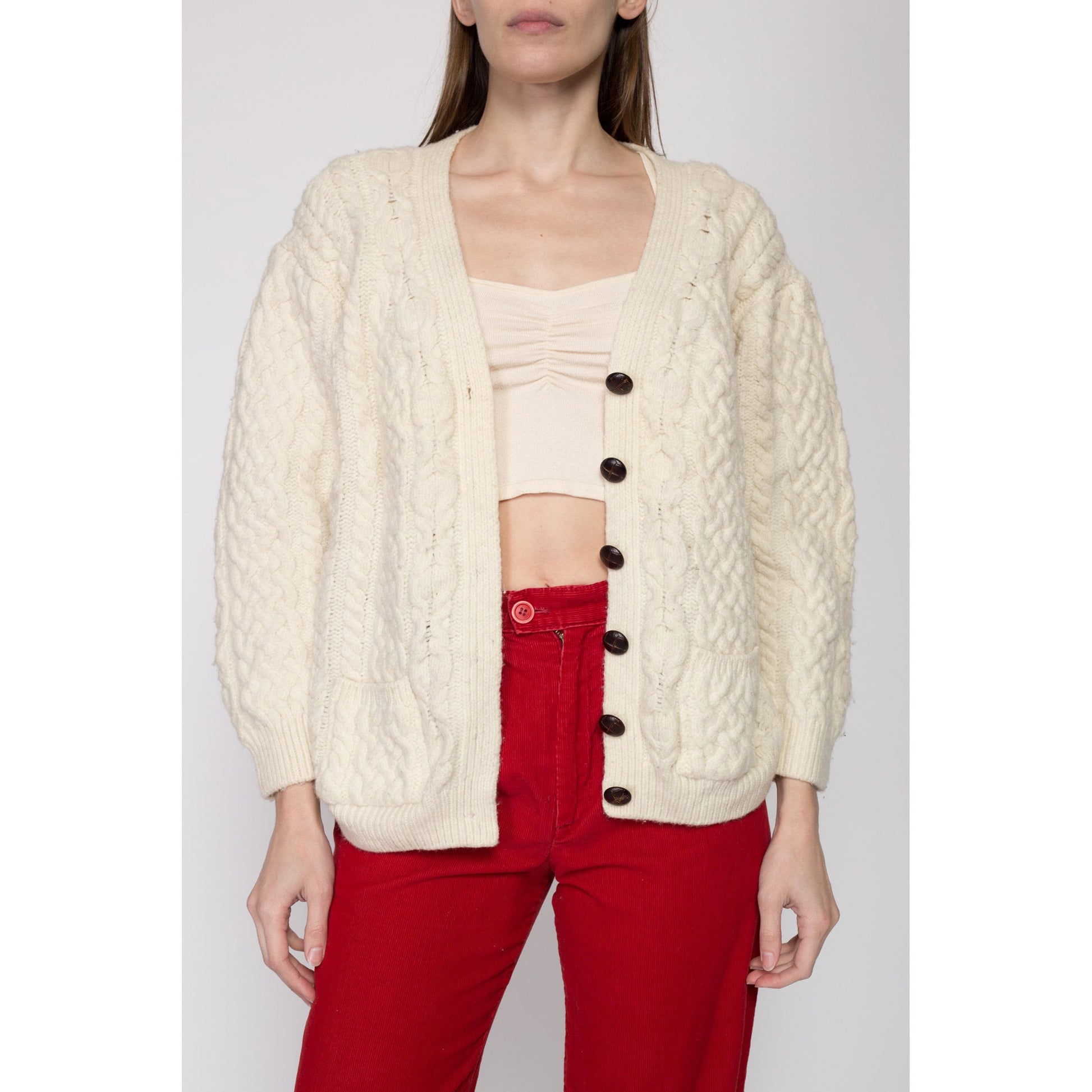 Medium Vintage Aran Crafts Irish Merino Wool Cable Knit Cardigan Petite | 80s Cream Button Up Cropped Fisherman Sweater