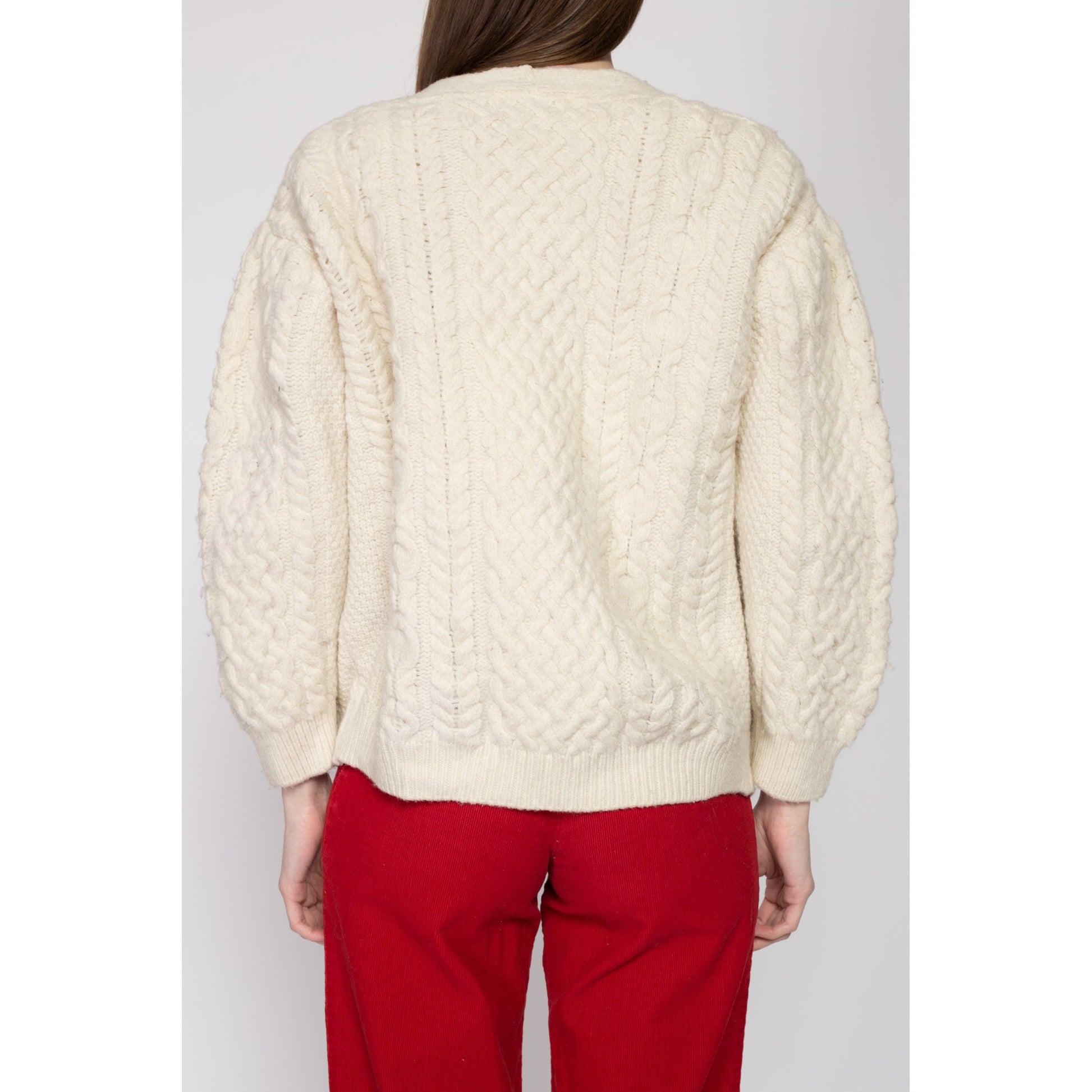Medium Vintage Aran Crafts Irish Merino Wool Cable Knit Cardigan Petite | 80s Cream Button Up Cropped Fisherman Sweater