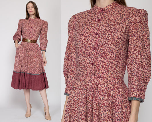 Small 70s Red Calico Floral Prairie Midi Dress | Vintage Jackie Bernard Eklektic Long Sleeve Leaf Print Cottagecore Dress