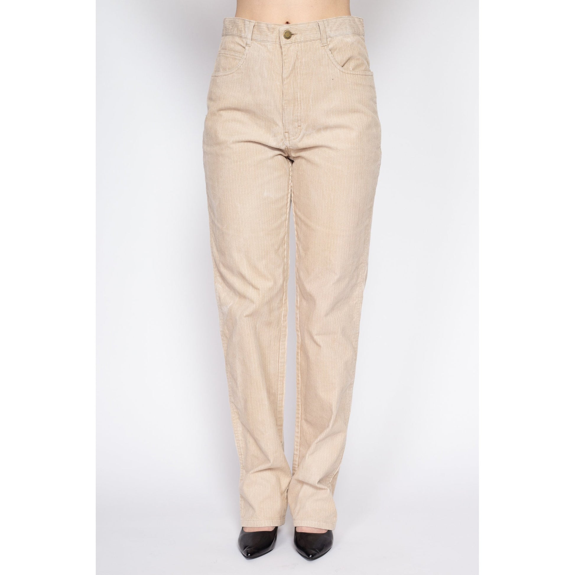 33" Waist 90s Jordache Tan Corduroy Pants Unisex | Vintage High Waisted Tapered Leg Cords Trousers