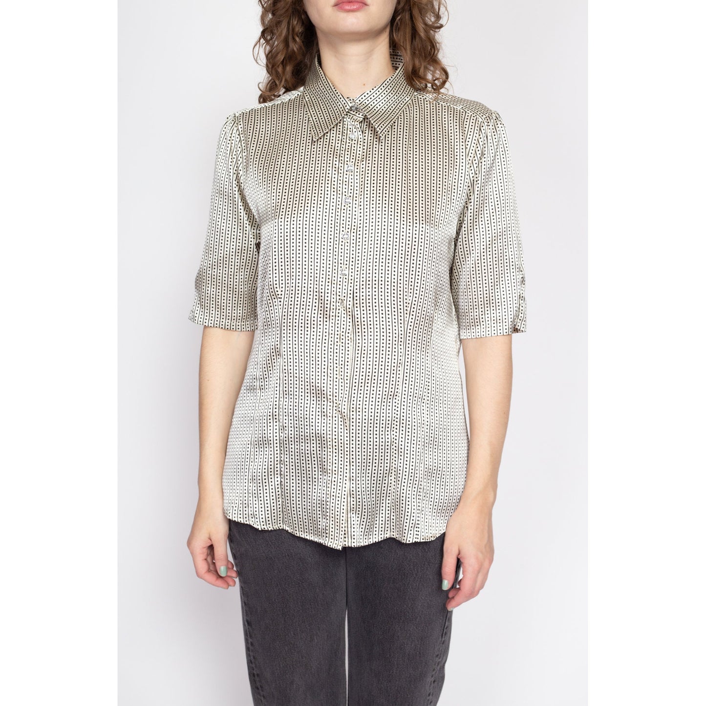 Large 80s Black & White Polka Dot Satin Shirt | Vintage Button Up Short Sleeve Collared Shirt