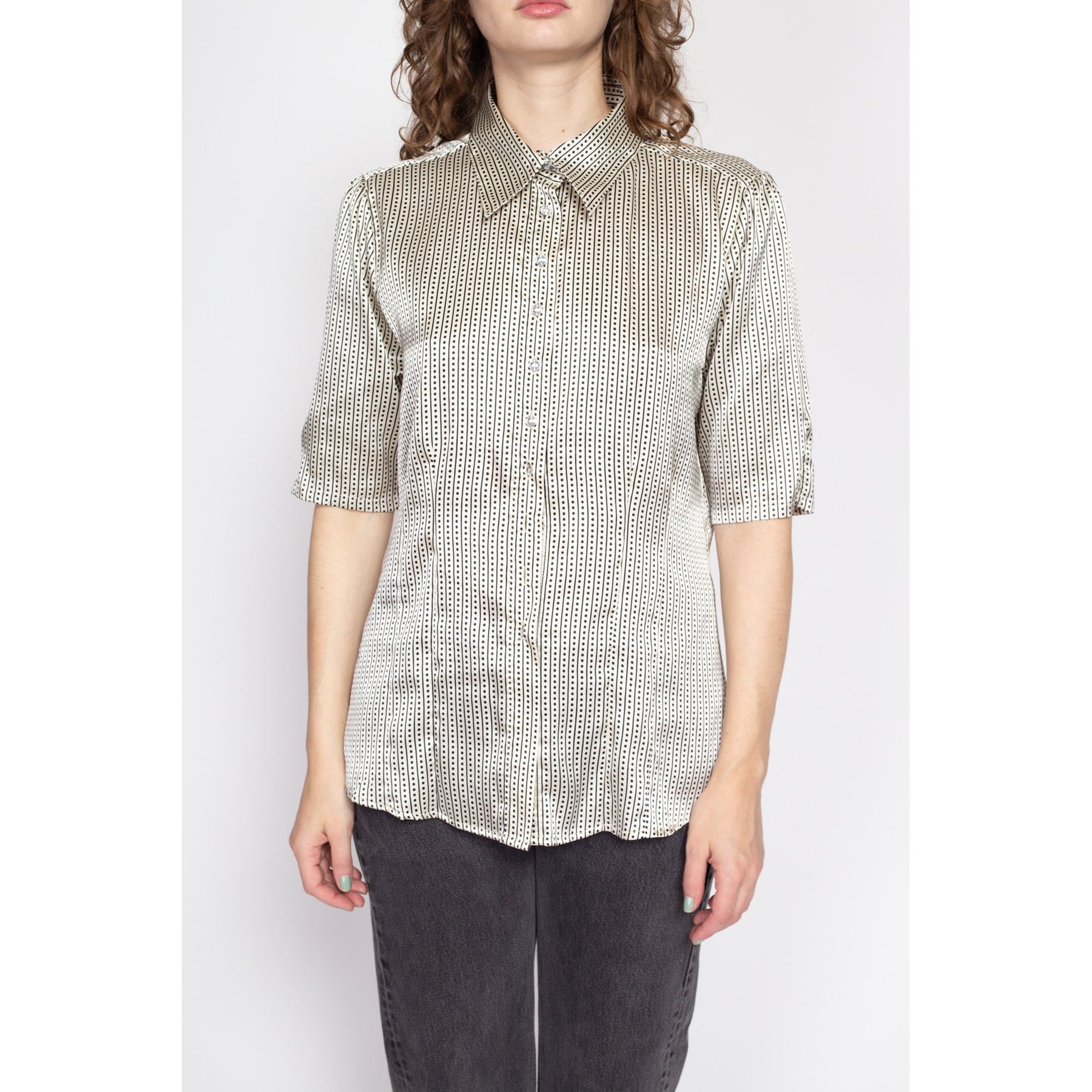 Large 80s Black & White Polka Dot Satin Shirt | Vintage Button Up Short Sleeve Collared Shirt