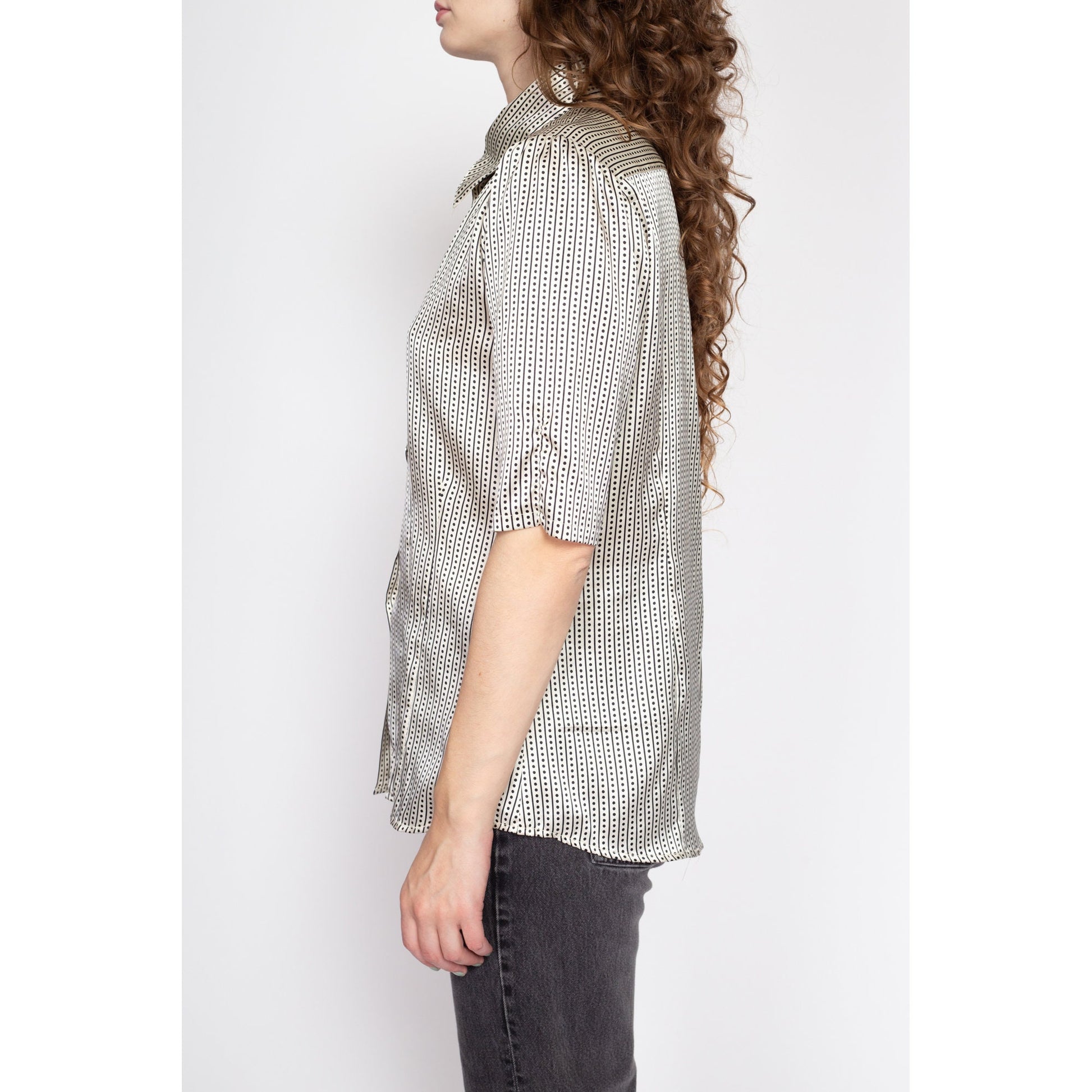 Large 80s Black & White Polka Dot Satin Shirt | Vintage Button Up Short Sleeve Collared Shirt
